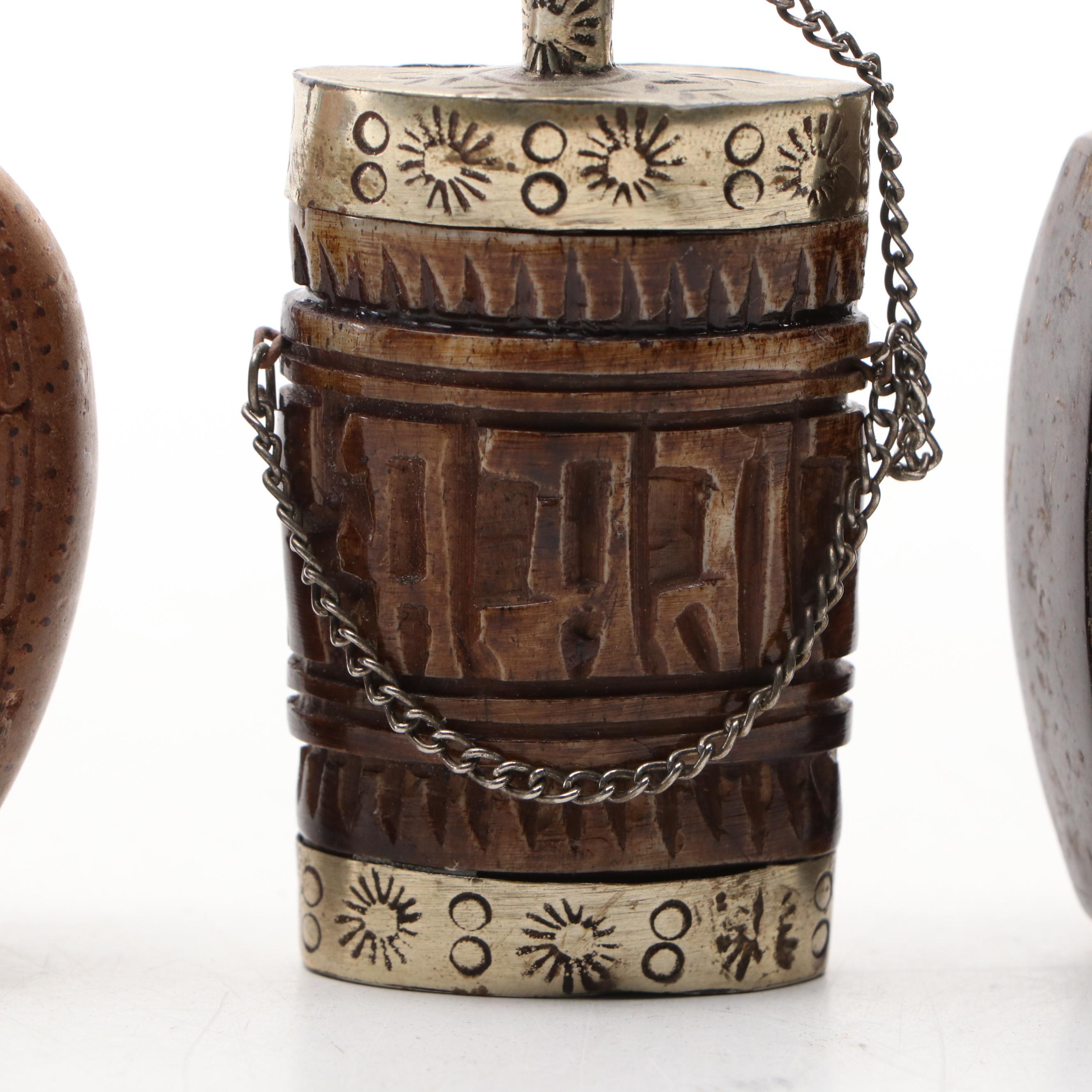 Chinese Metal Capped Carved Bone with Other Seed Pod and Wood Snuff Bottles