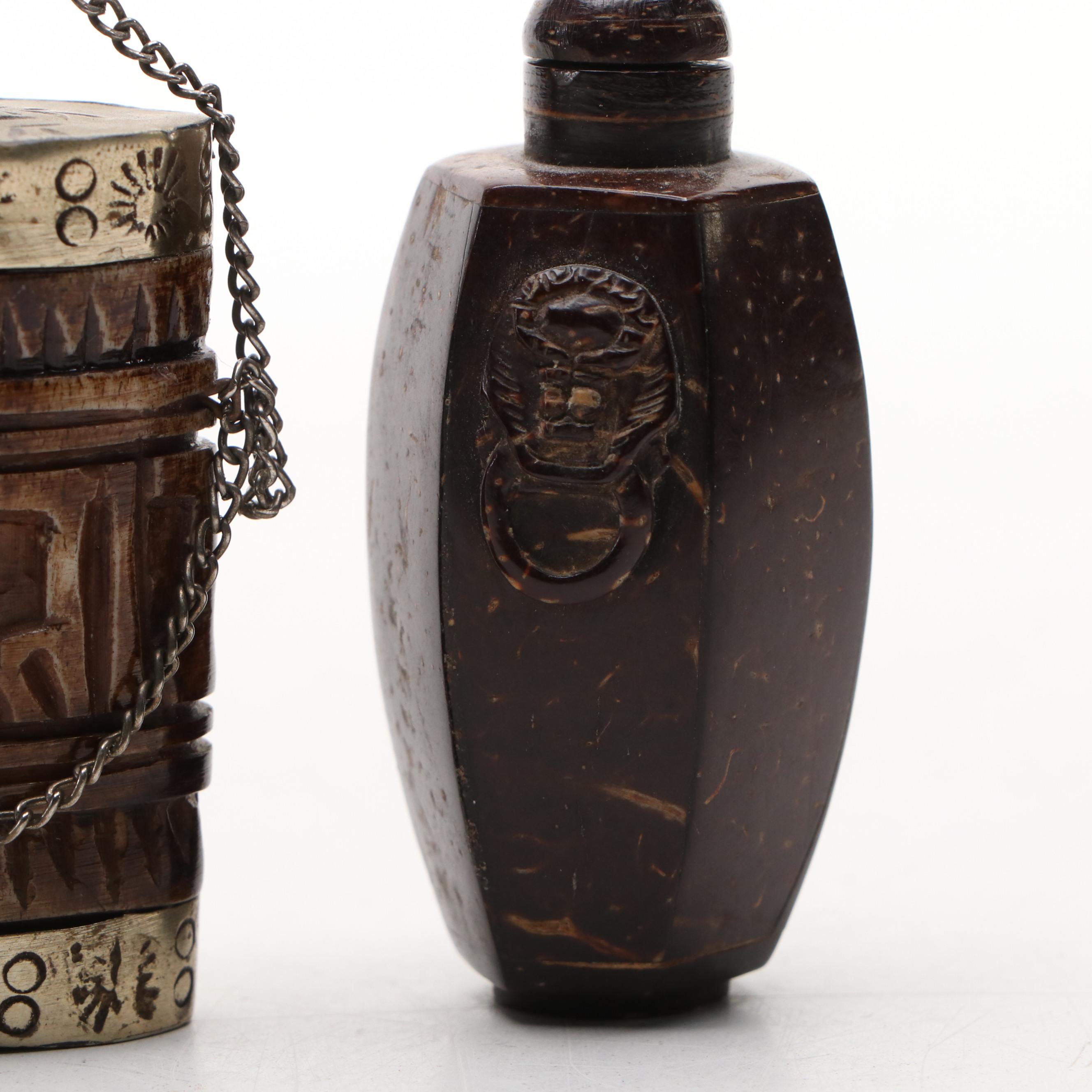 Chinese Metal Capped Carved Bone with Other Seed Pod and Wood Snuff Bottles