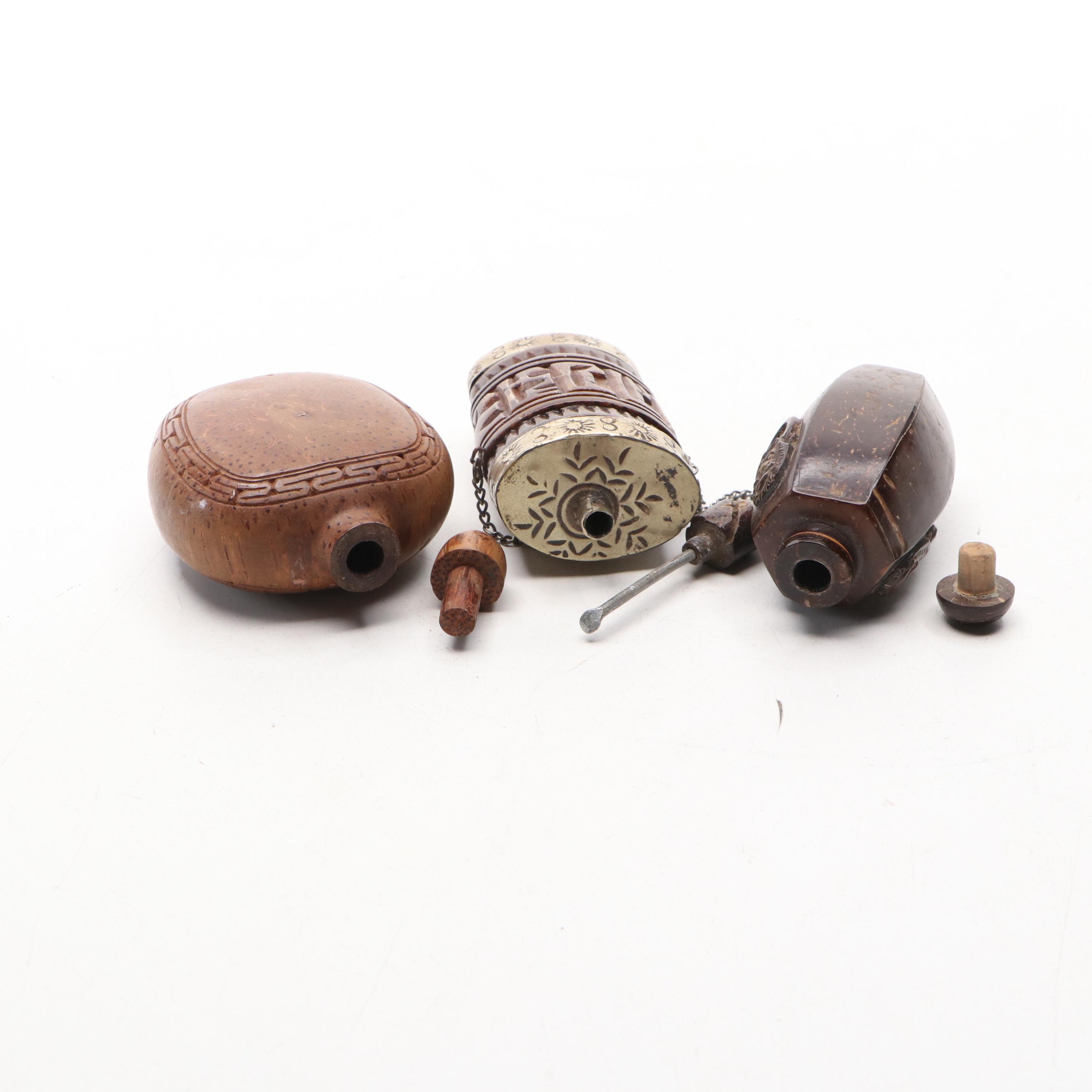 Chinese Metal Capped Carved Bone with Other Seed Pod and Wood Snuff Bottles