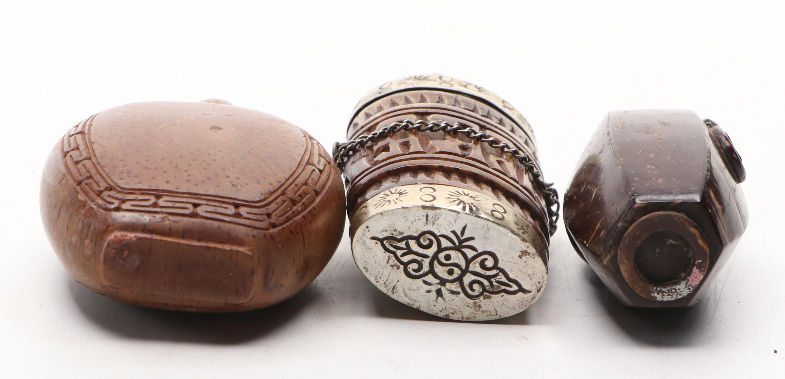 Chinese Metal Capped Carved Bone with Other Seed Pod and Wood Snuff Bottles