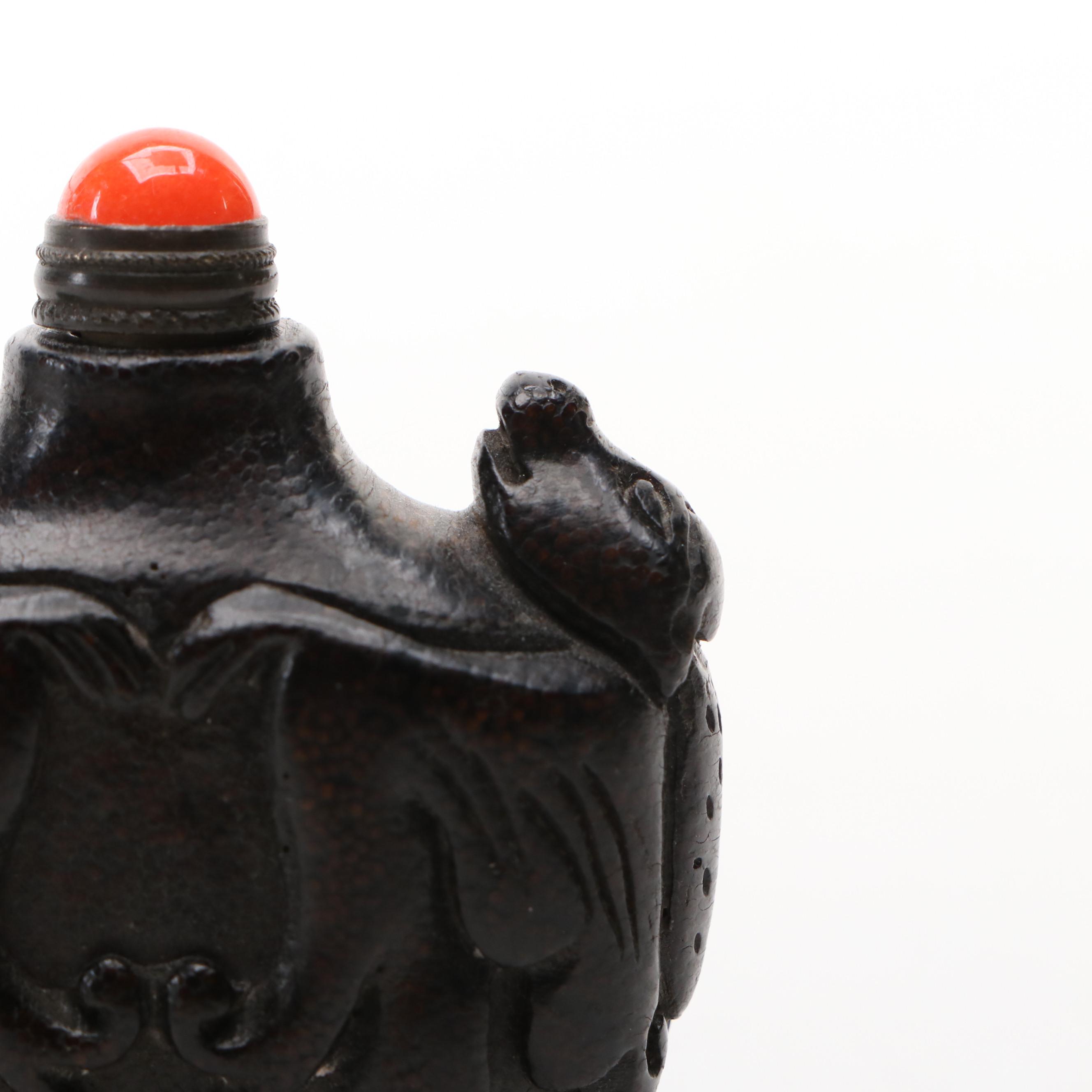 Chinese Double Bat Carved Bamboo Snuff Bottle with Glass Stopper
