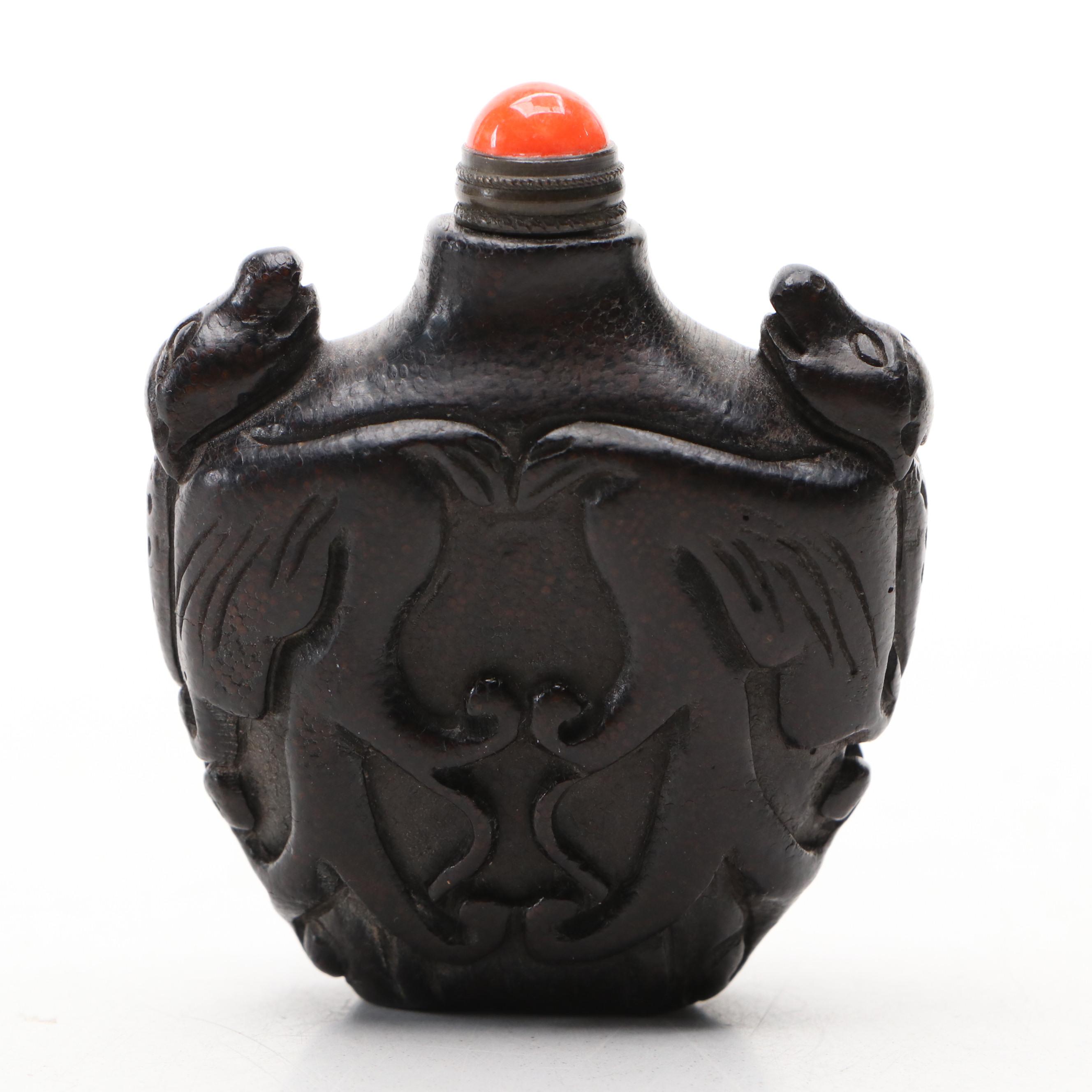 Chinese Double Bat Carved Bamboo Snuff Bottle with Glass Stopper