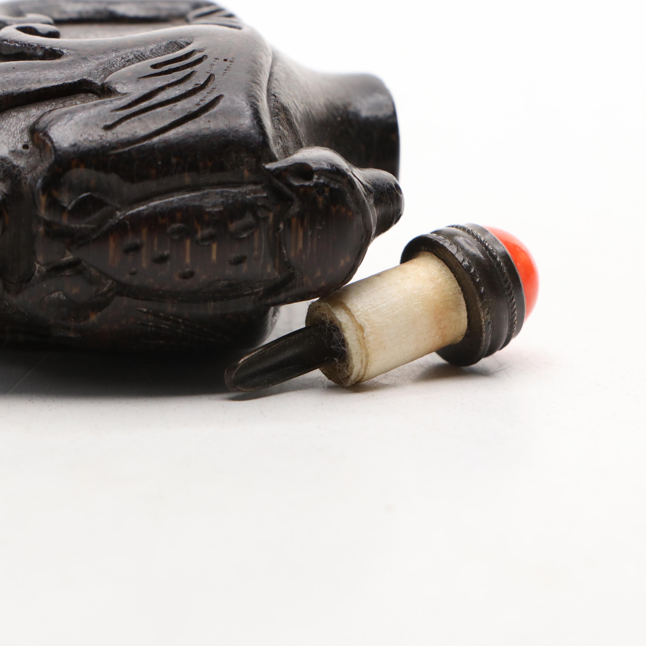 Chinese Double Bat Carved Bamboo Snuff Bottle with Glass Stopper