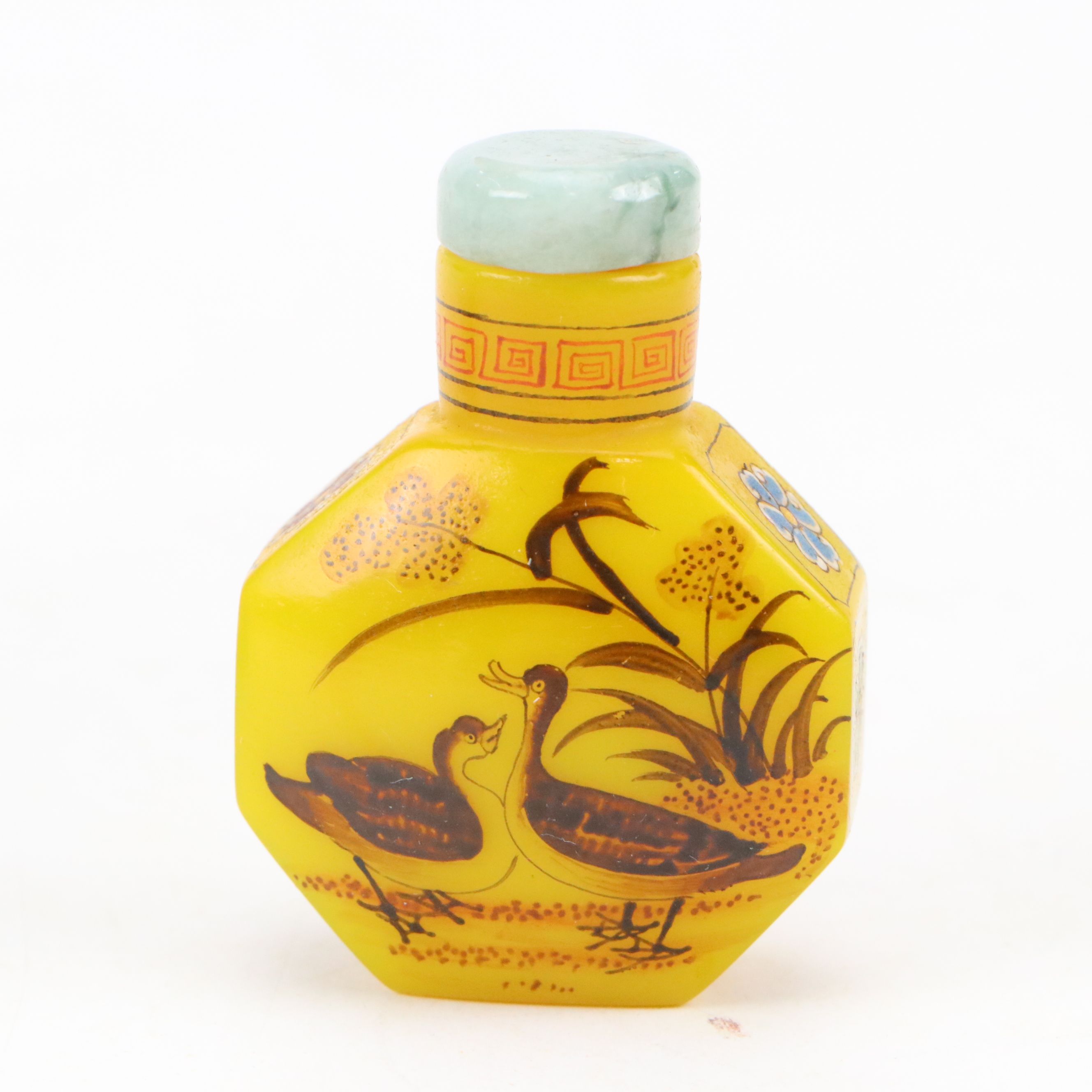 Chinese Hand-Painted Porcelain and Yellow Glass Snuff Bottles