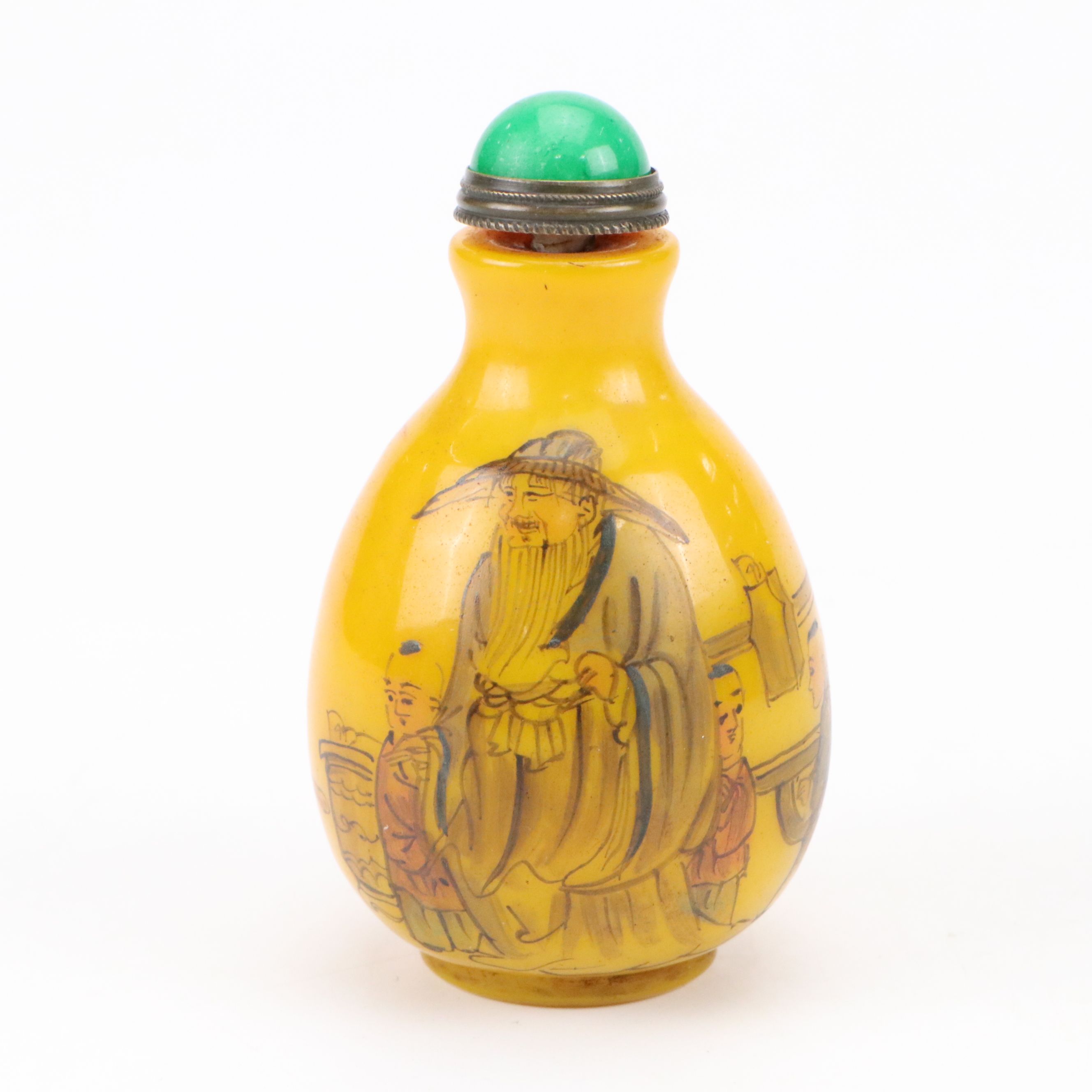 Chinese Hand-Painted Porcelain and Yellow Glass Snuff Bottles