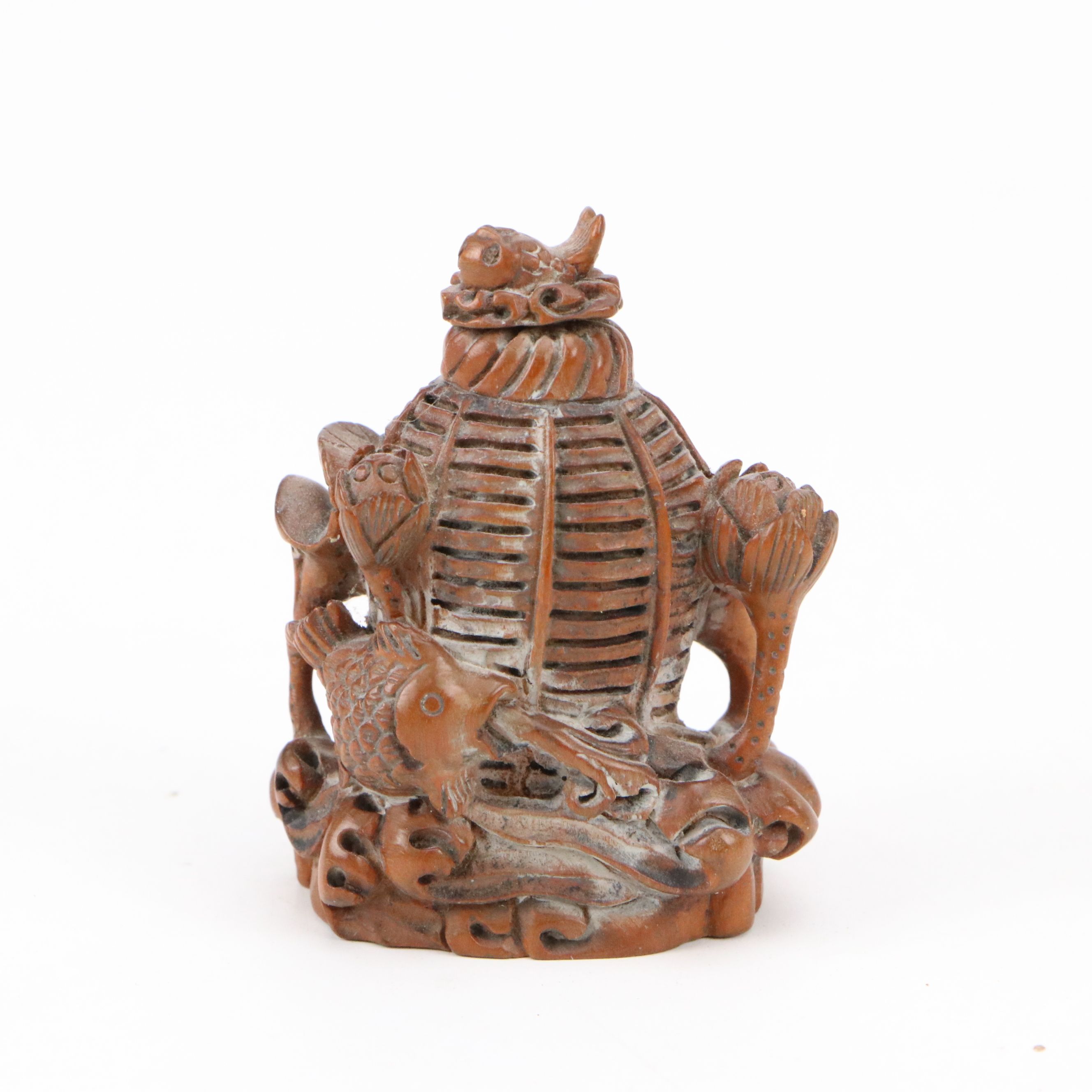 Chinese Hand-Carved Wooden and Nut Pod Snuff Bottles