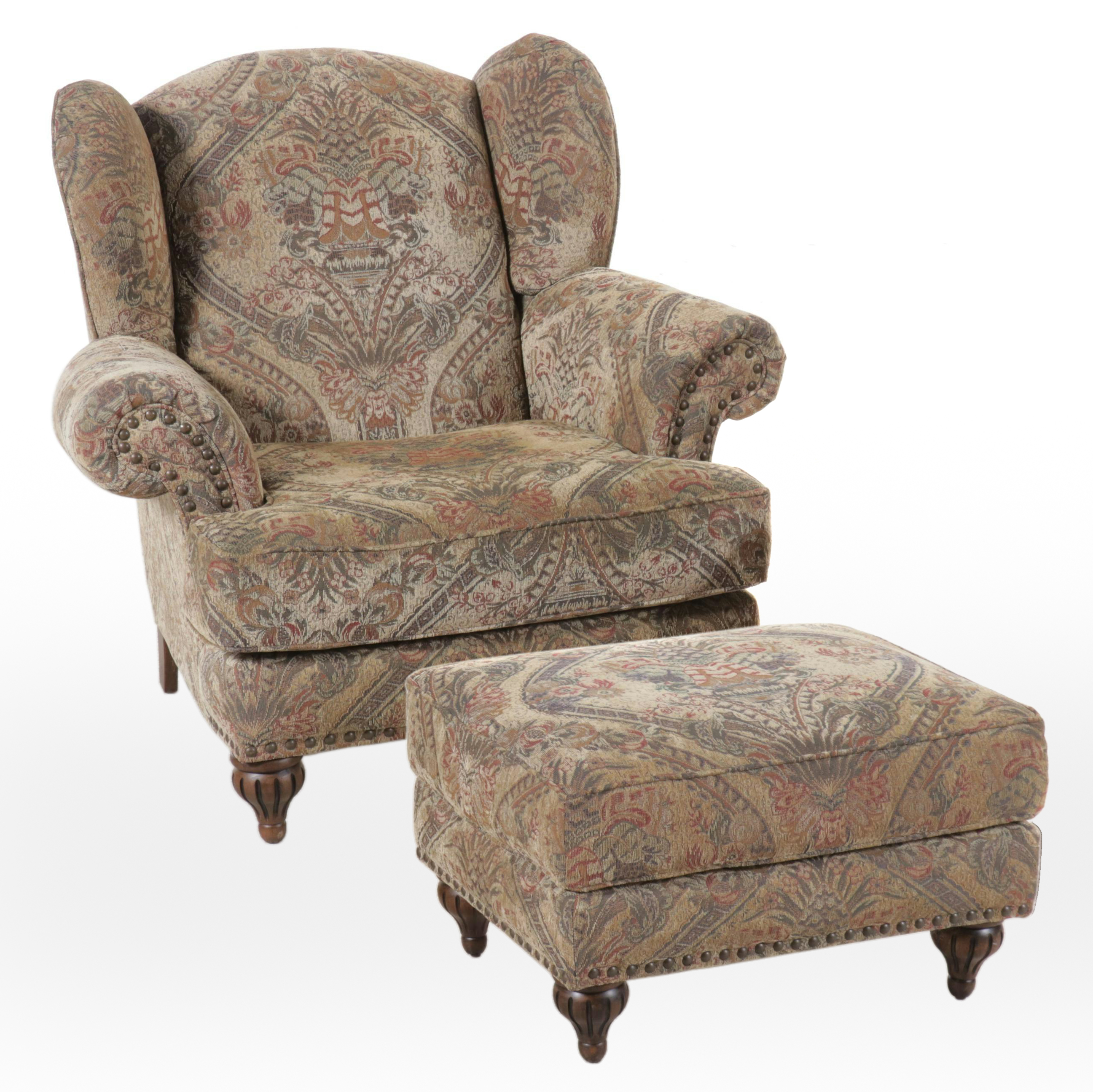 Alan White Chenille Upholstered Wingback Chair and Ottoman