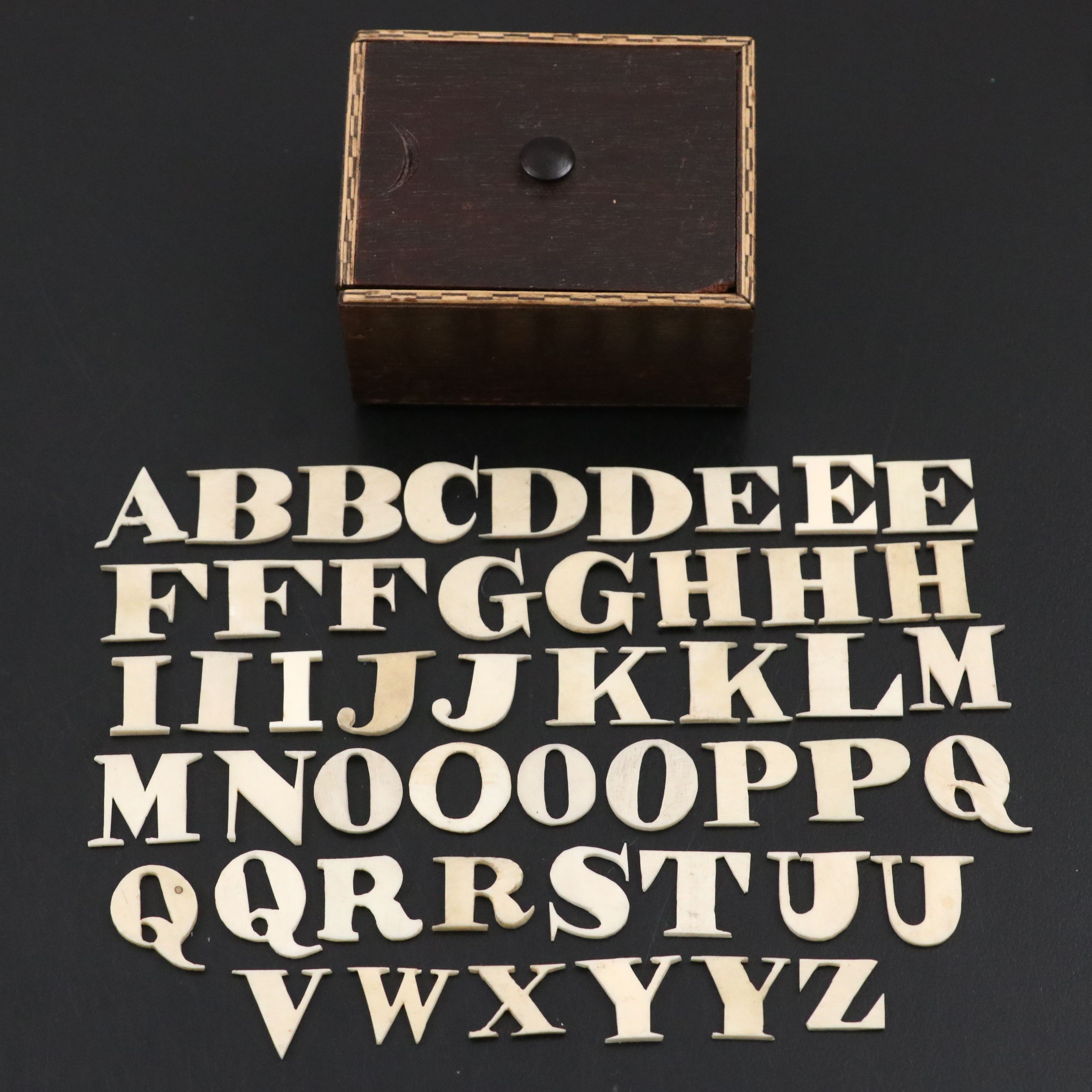 Antique Victorian Carved Bone Letters in Storage Box