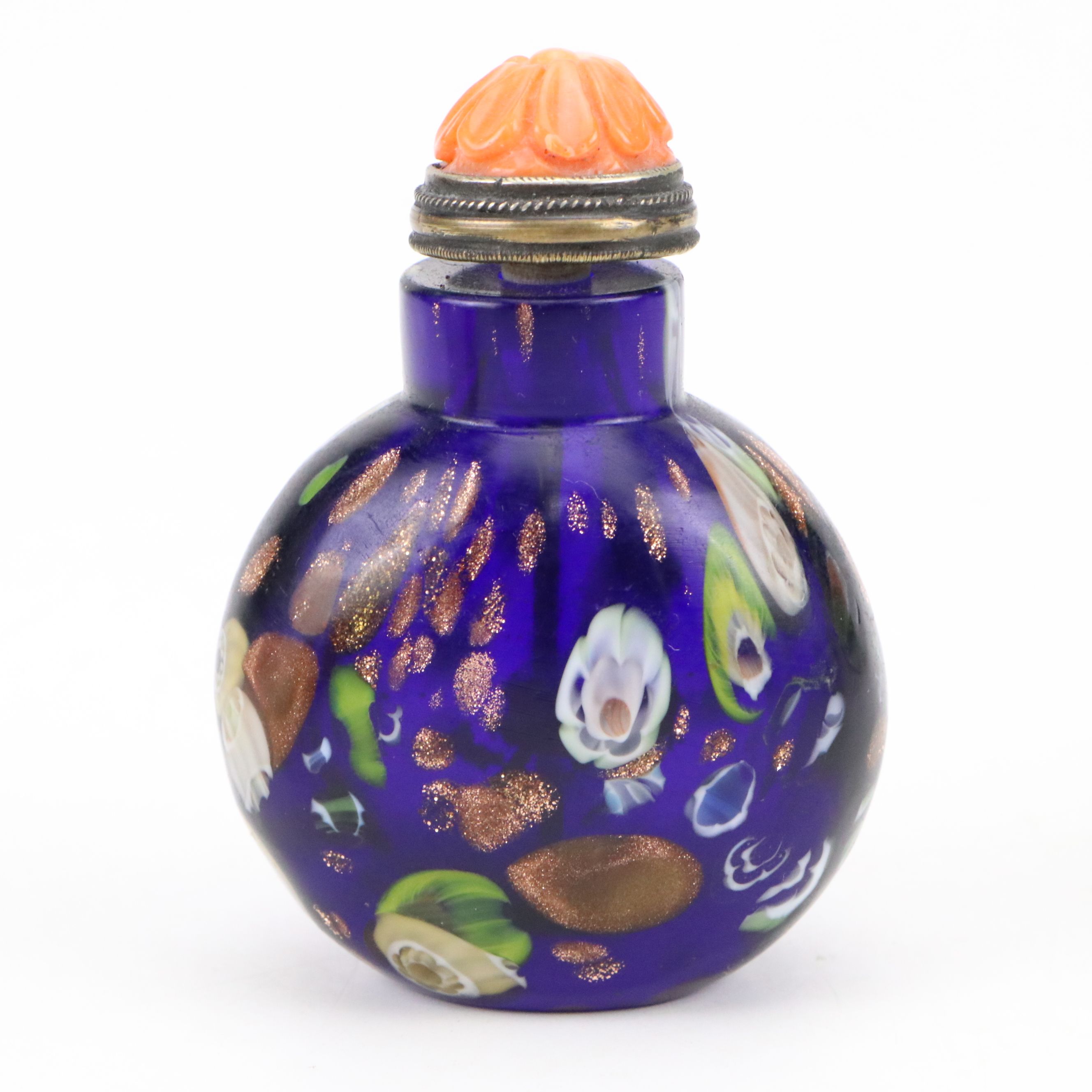 Studio Glass Murrine and End of Day Snuff Bottles with Glass and Coral Stoppers