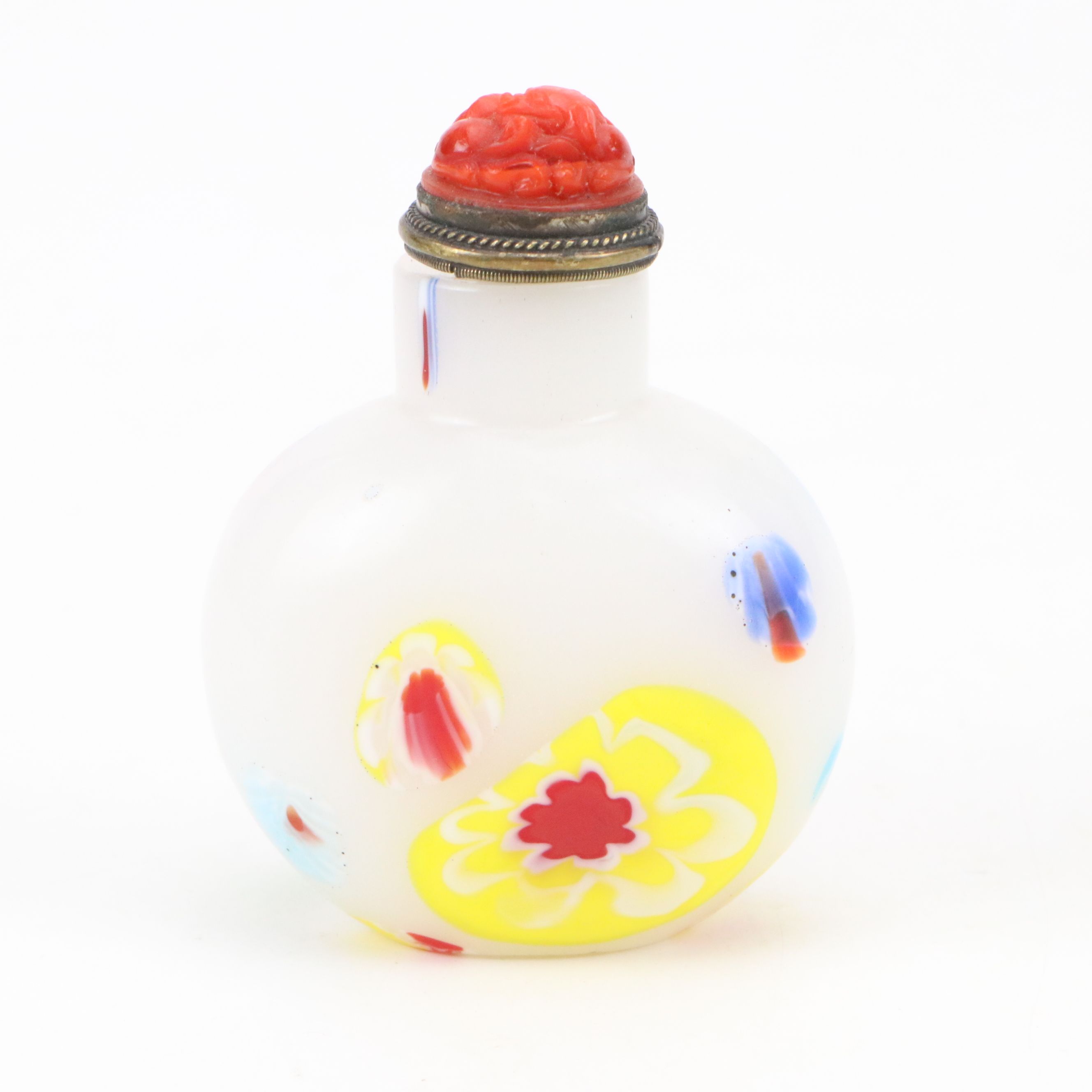 Studio Glass Murrine and End of Day Snuff Bottles with Glass and Coral Stoppers