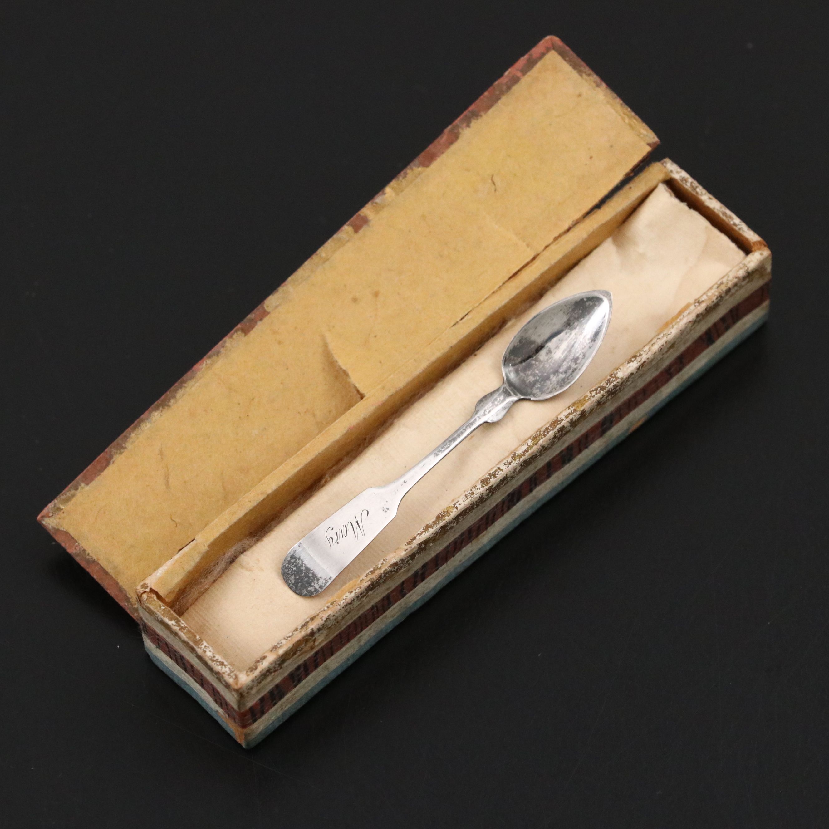 Miniature American Coin Silver Fiddle Handled Spoon, Mid-19th Century