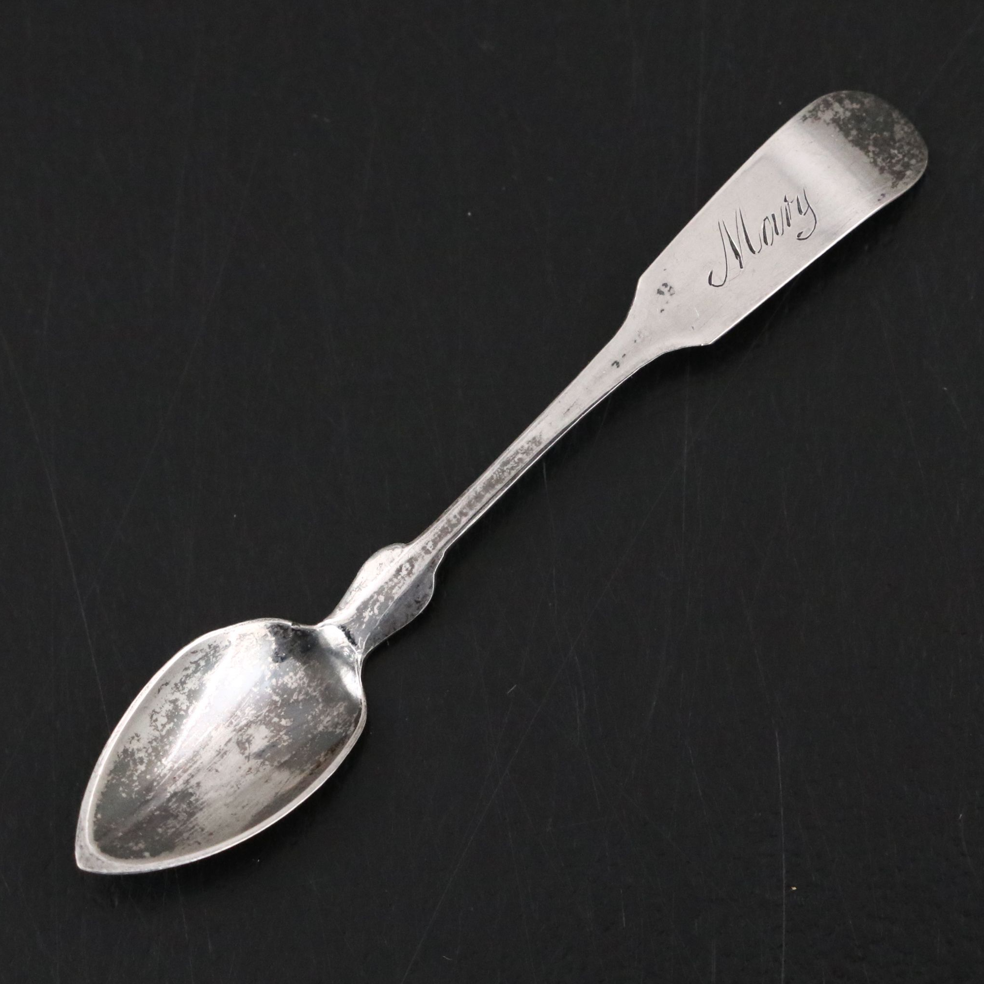 Miniature American Coin Silver Fiddle Handled Spoon, Mid-19th Century