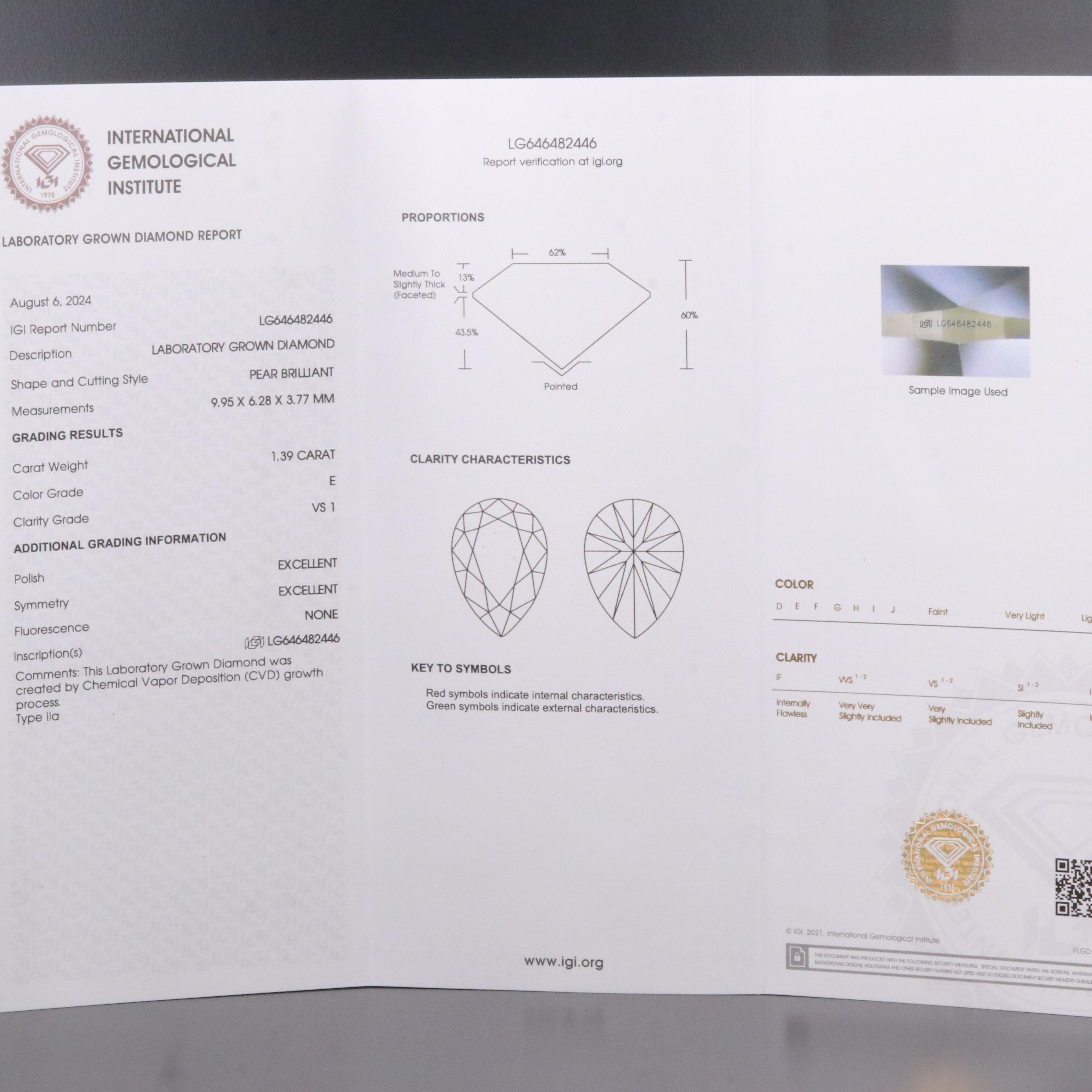 Loose 1.39 CT Lab Grown Diamond with IGI Report