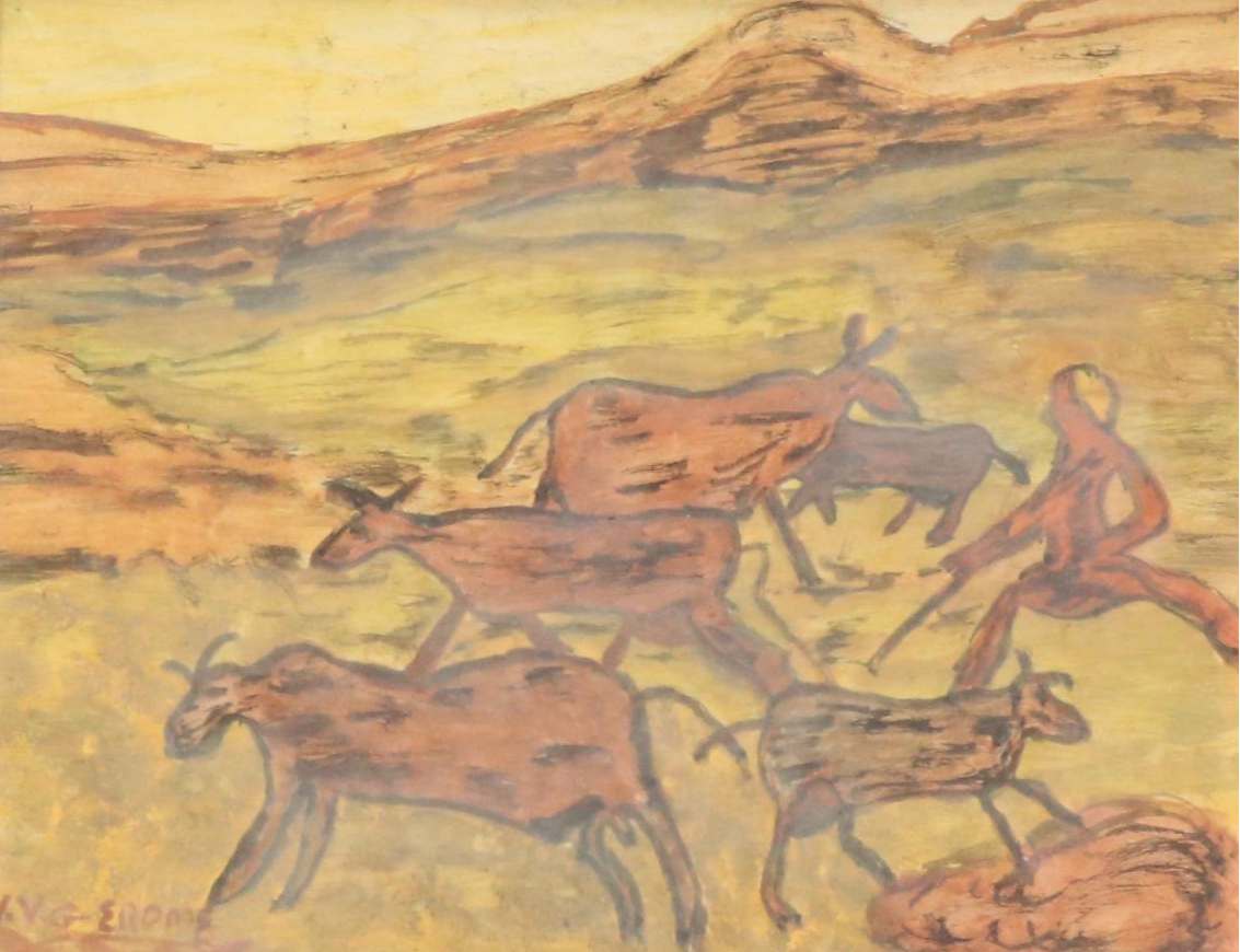 Folk Art Style Watercolor Painting of Livestock in Pasture