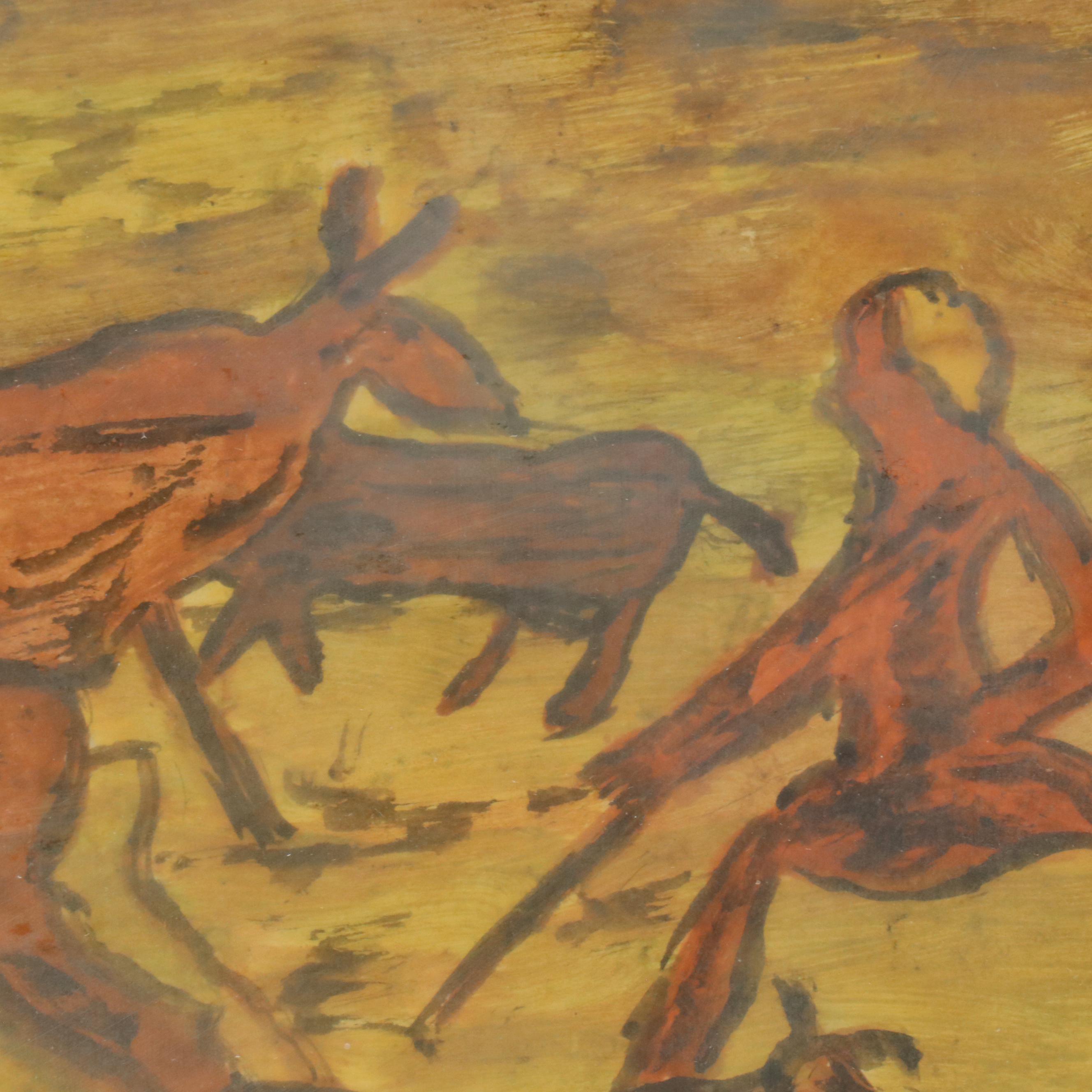 Folk Art Style Watercolor Painting of Livestock in Pasture