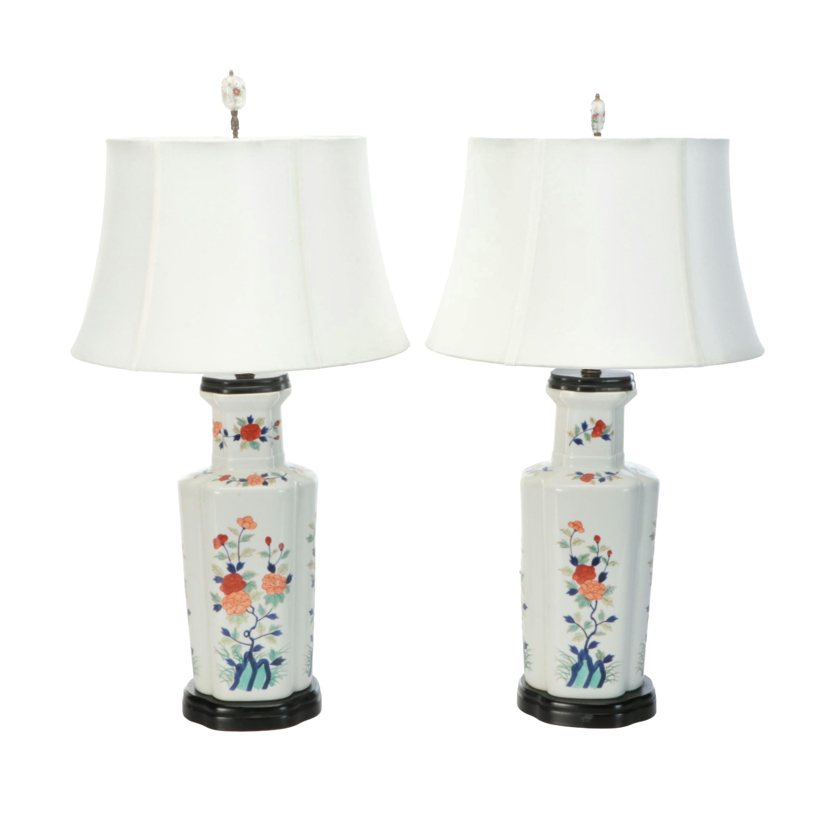 Pair of Chinese Painted Porcelain Lobed Vase Table Lamps and Silk Shades