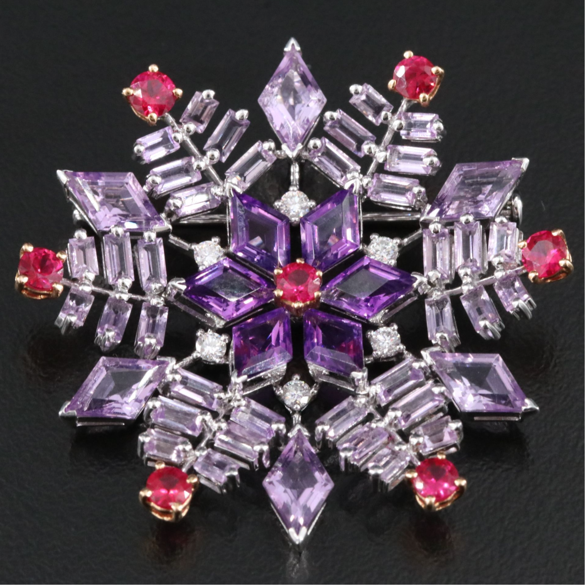Hans Paul Buchwald 18K Amethyst, Ruby and Diamond Snowflake Converter Brooch