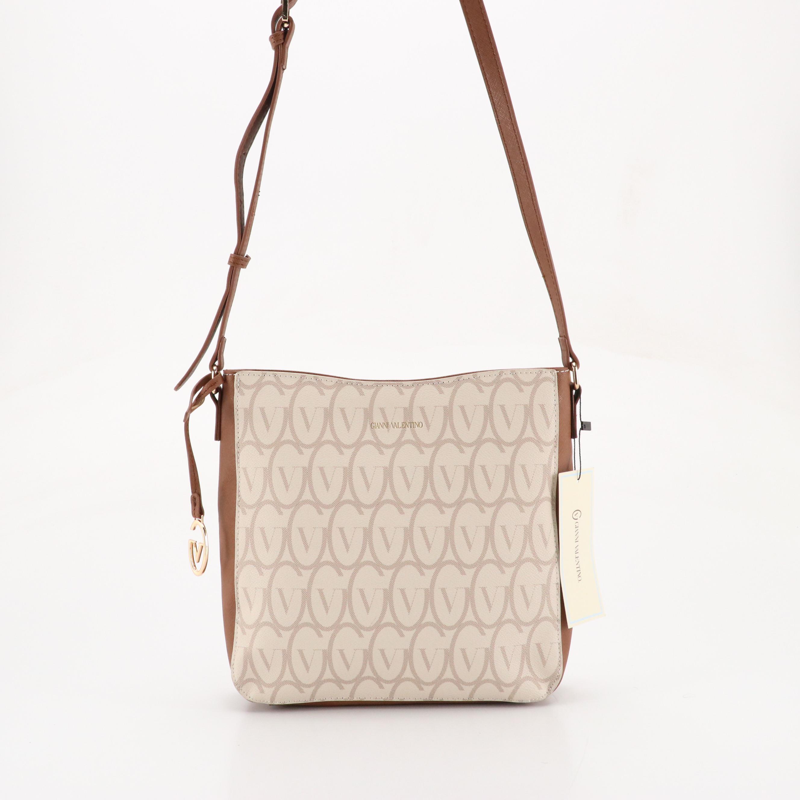 Gianni Valentino Crossbody Bag in Monogram Canvas and Brown Leather Trim