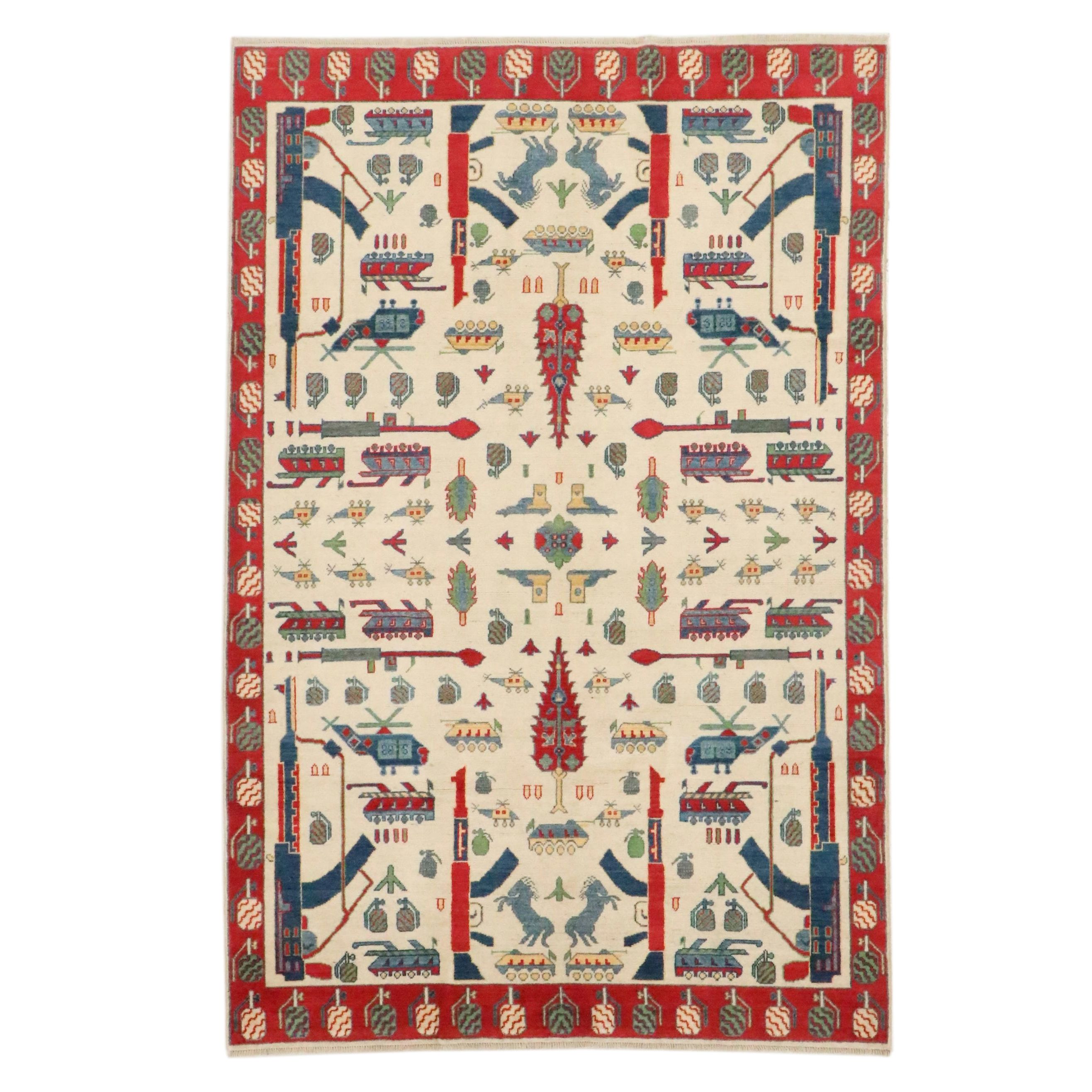 5'11 x 9' Hand-Knotted Afghan Pictorial War Area Rug