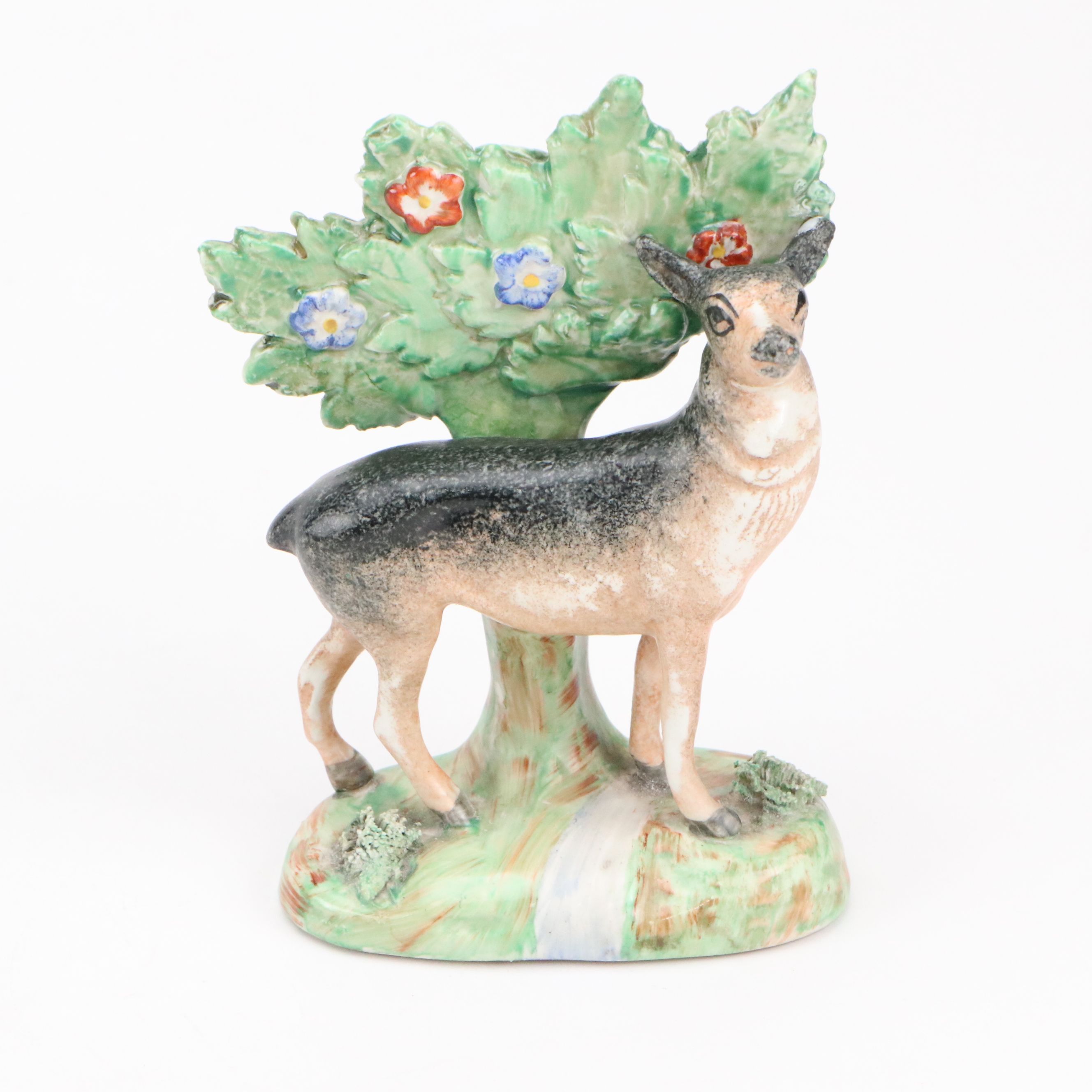 Pair of Staffordshire Black and Tan Deer Figurines and Cow and Calf Spill Vase