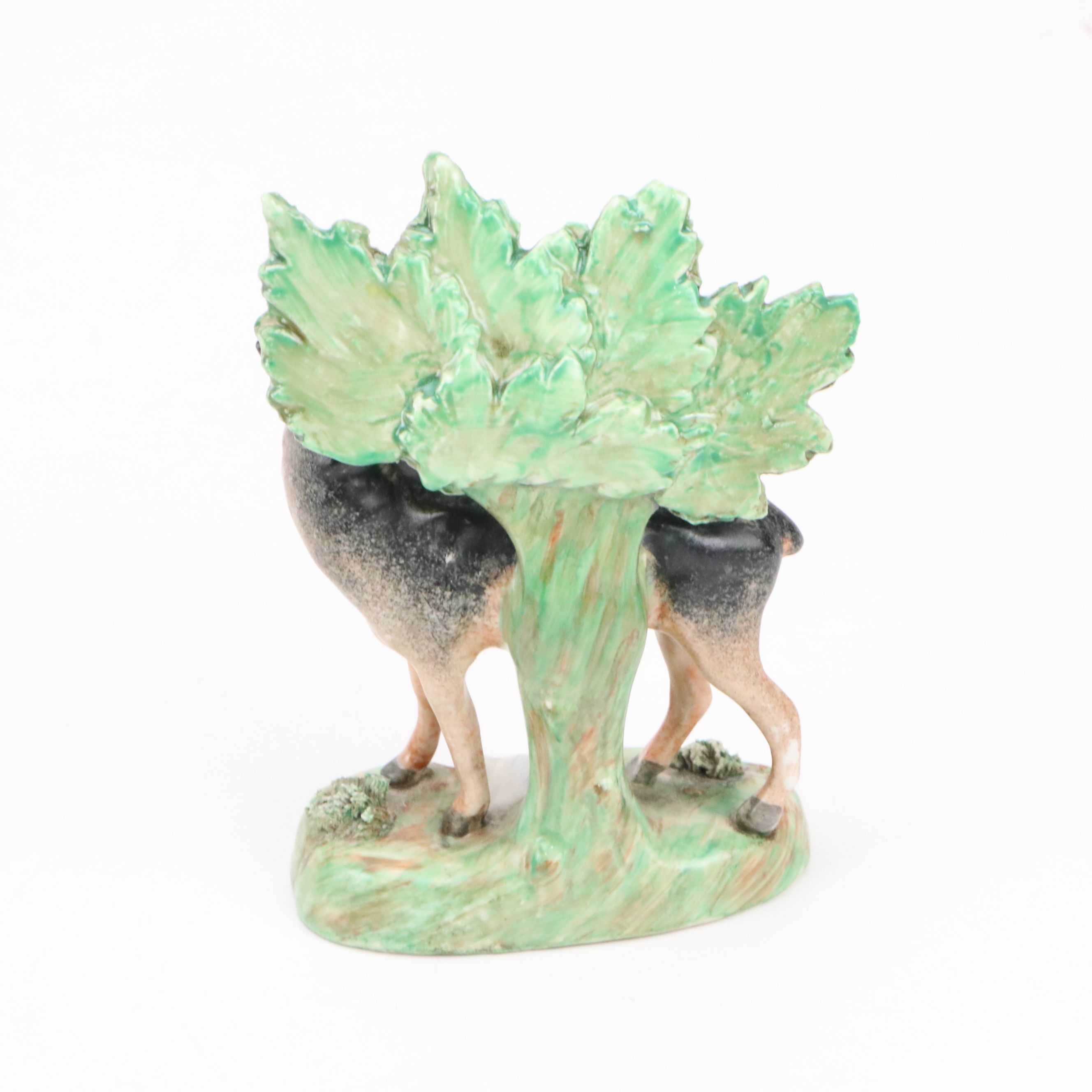 Pair of Staffordshire Black and Tan Deer Figurines and Cow and Calf Spill Vase