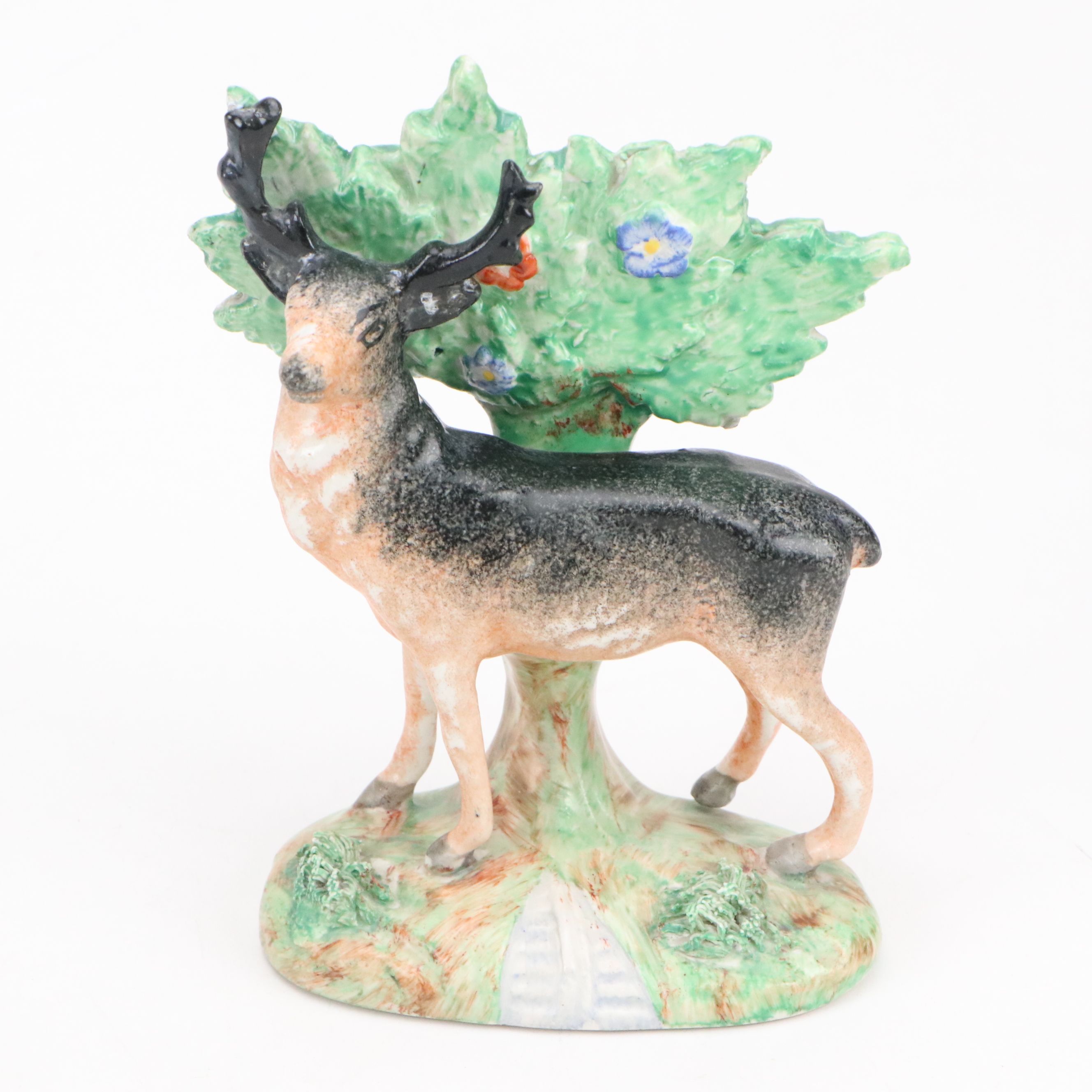 Pair of Staffordshire Black and Tan Deer Figurines and Cow and Calf Spill Vase