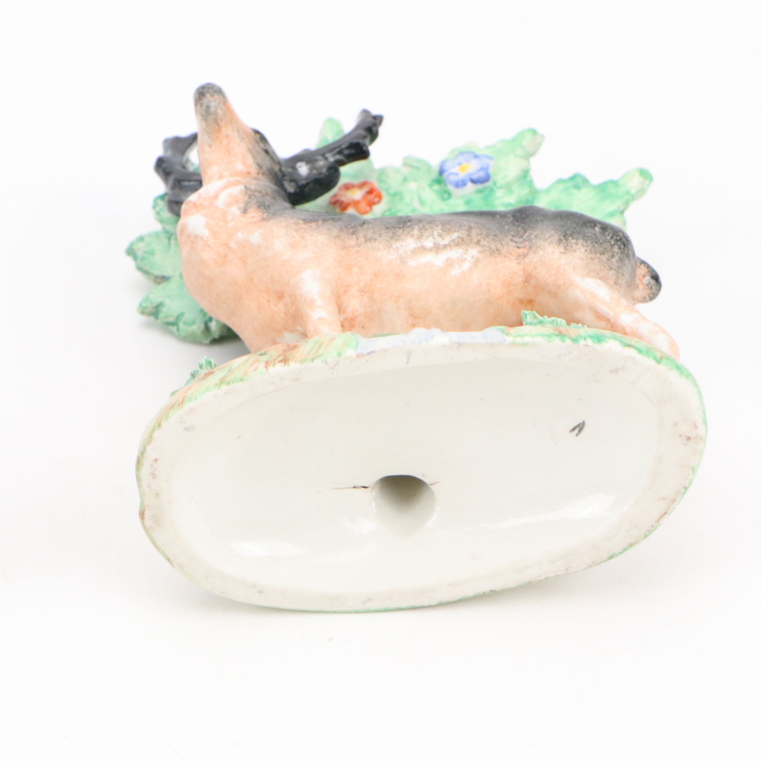 Pair of Staffordshire Black and Tan Deer Figurines and Cow and Calf Spill Vase