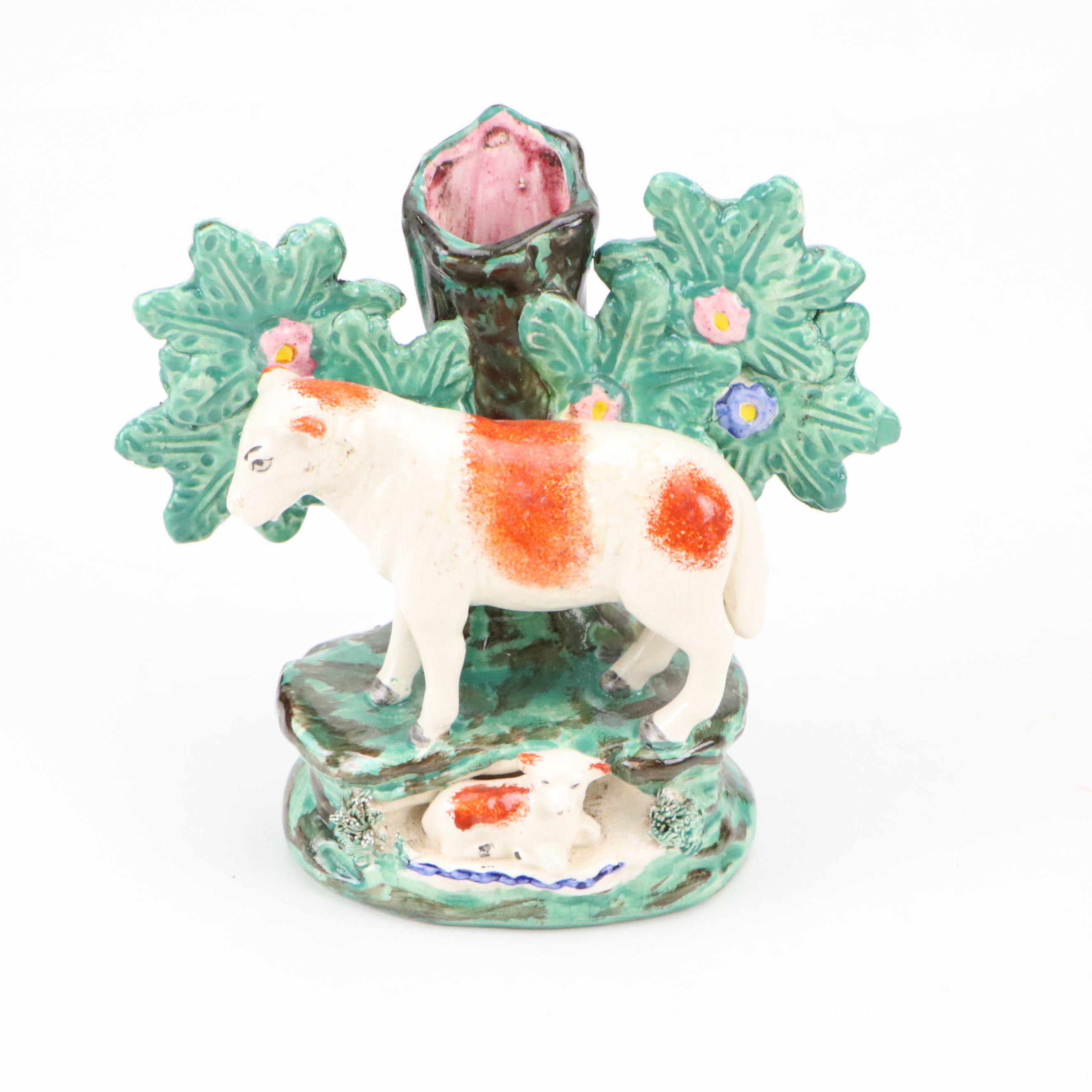 Pair of Staffordshire Black and Tan Deer Figurines and Cow and Calf Spill Vase