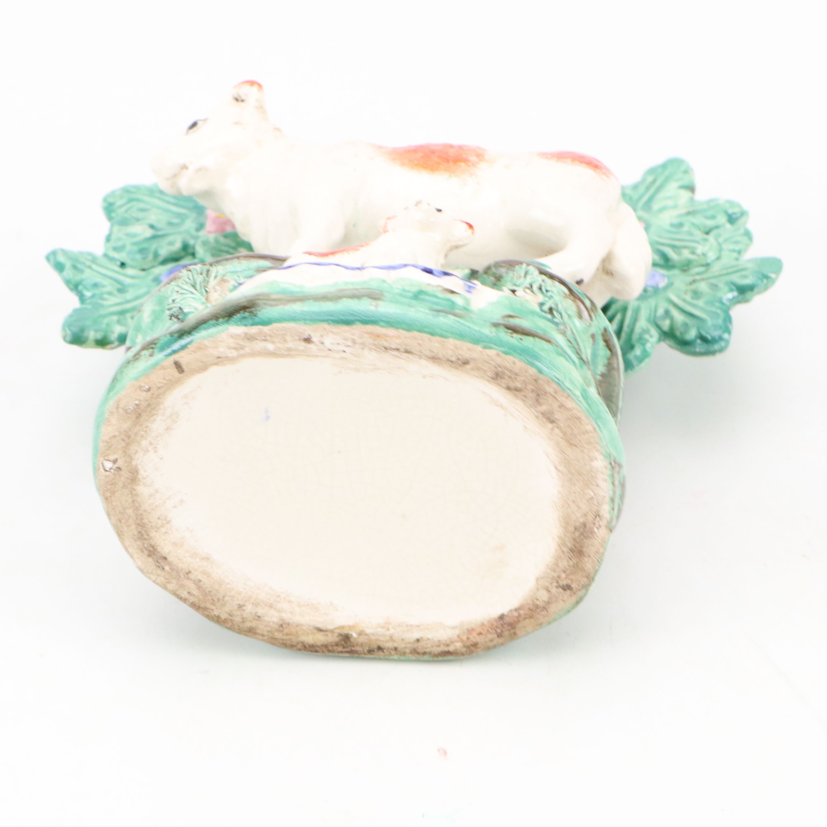 Pair of Staffordshire Black and Tan Deer Figurines and Cow and Calf Spill Vase