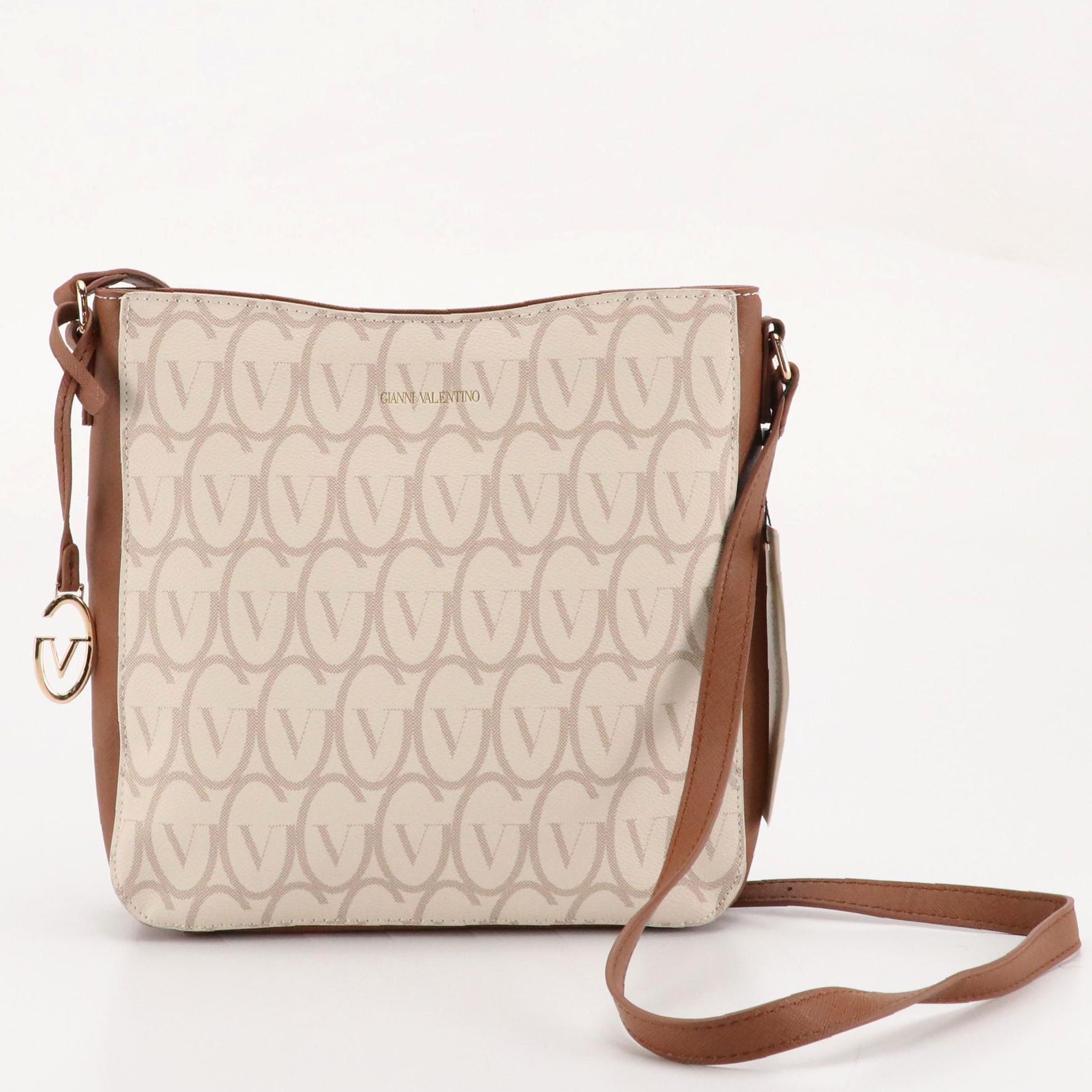 Gianni Valentino Crossbody Bag in Monogram Canvas and Brown Leather Trim