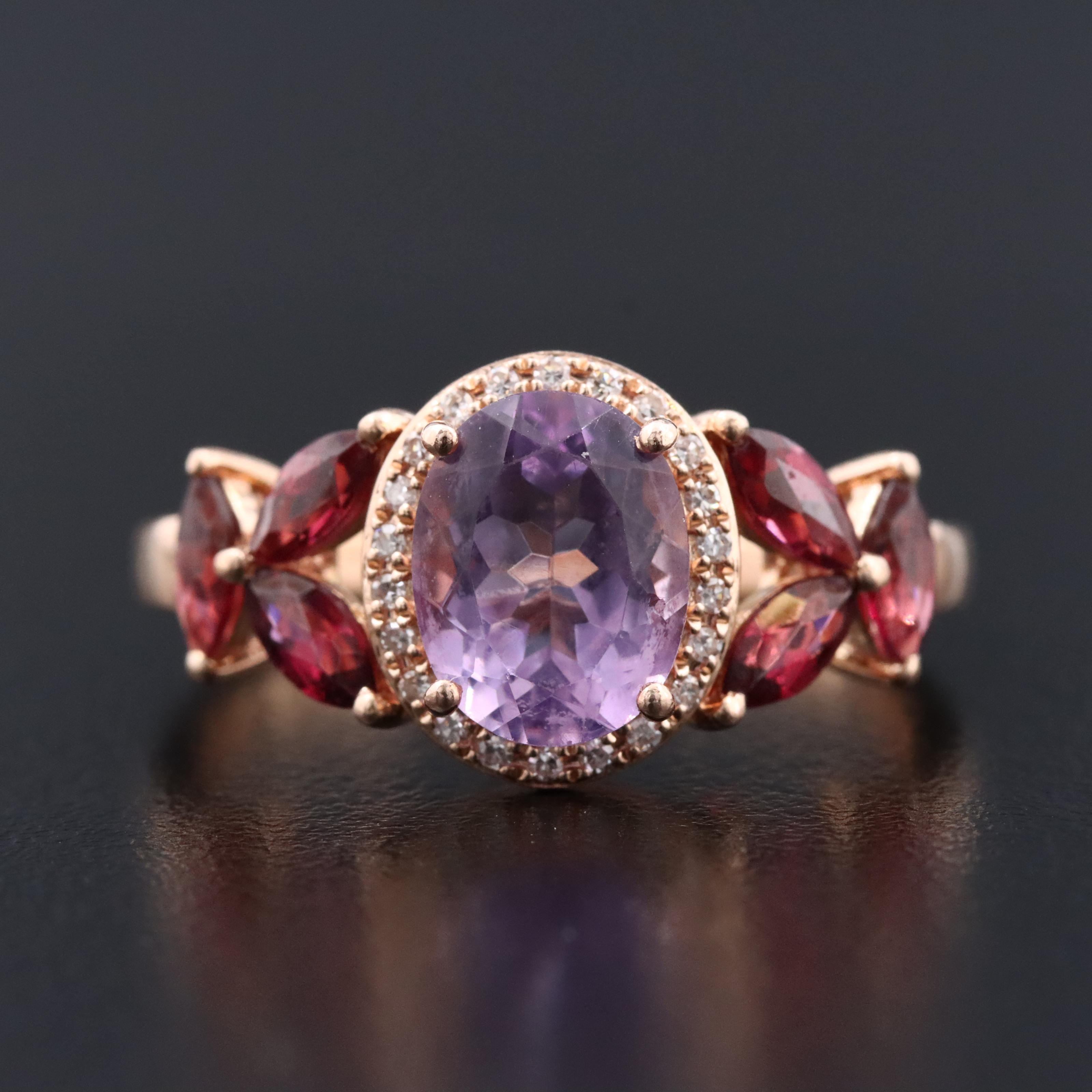 14K Rose Gold Amethyst, Garnet and Diamond Ring