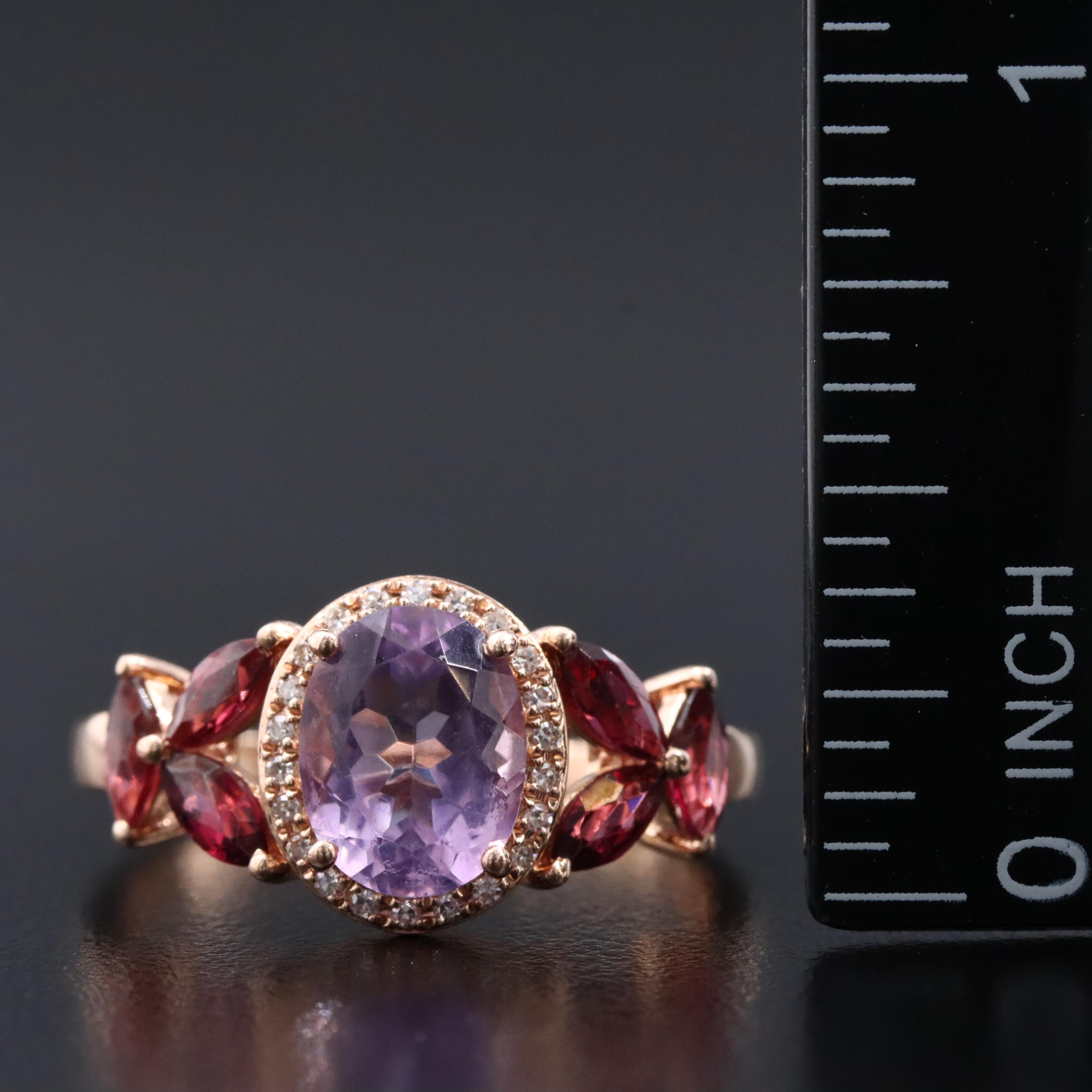 14K Rose Gold Amethyst, Garnet and Diamond Ring