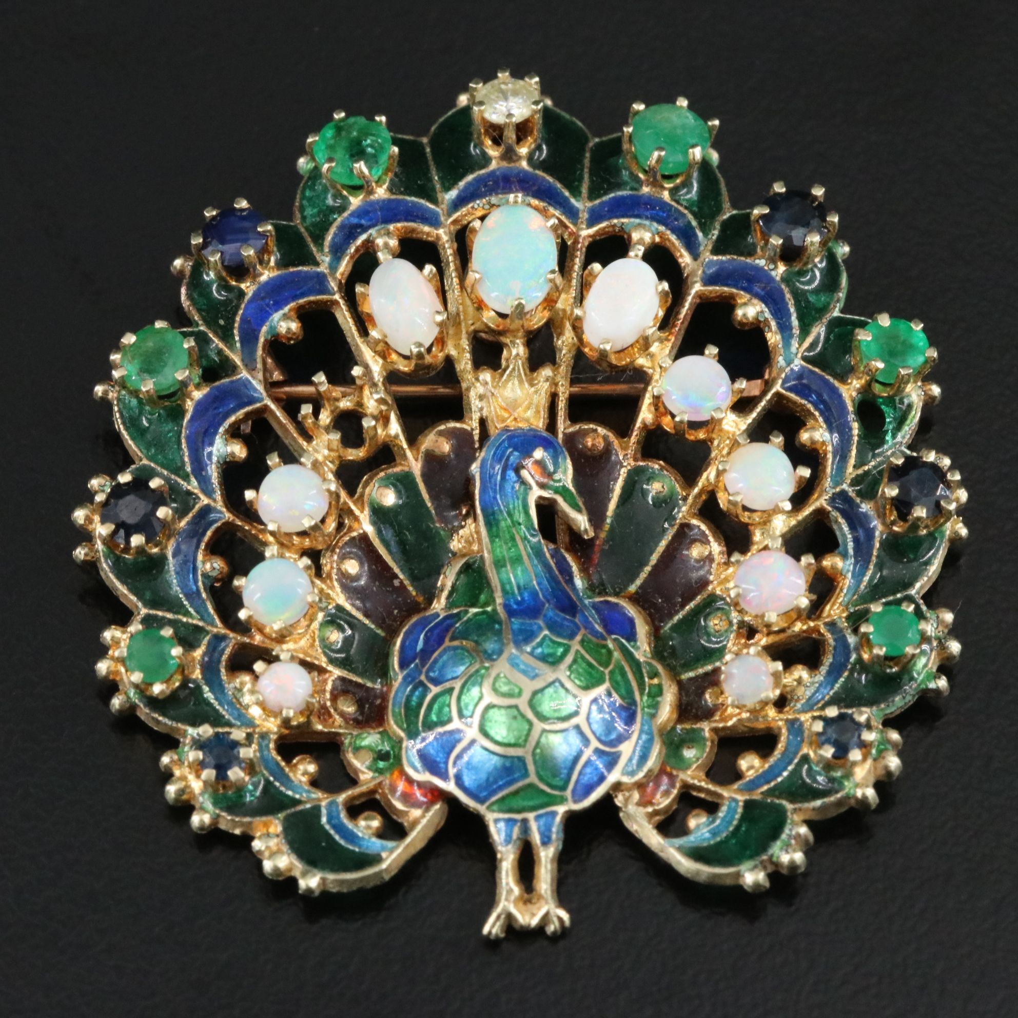 14K Plique-à-Jour Opal, Emerald, Sapphire and Diamond Peacock Converter Brooch