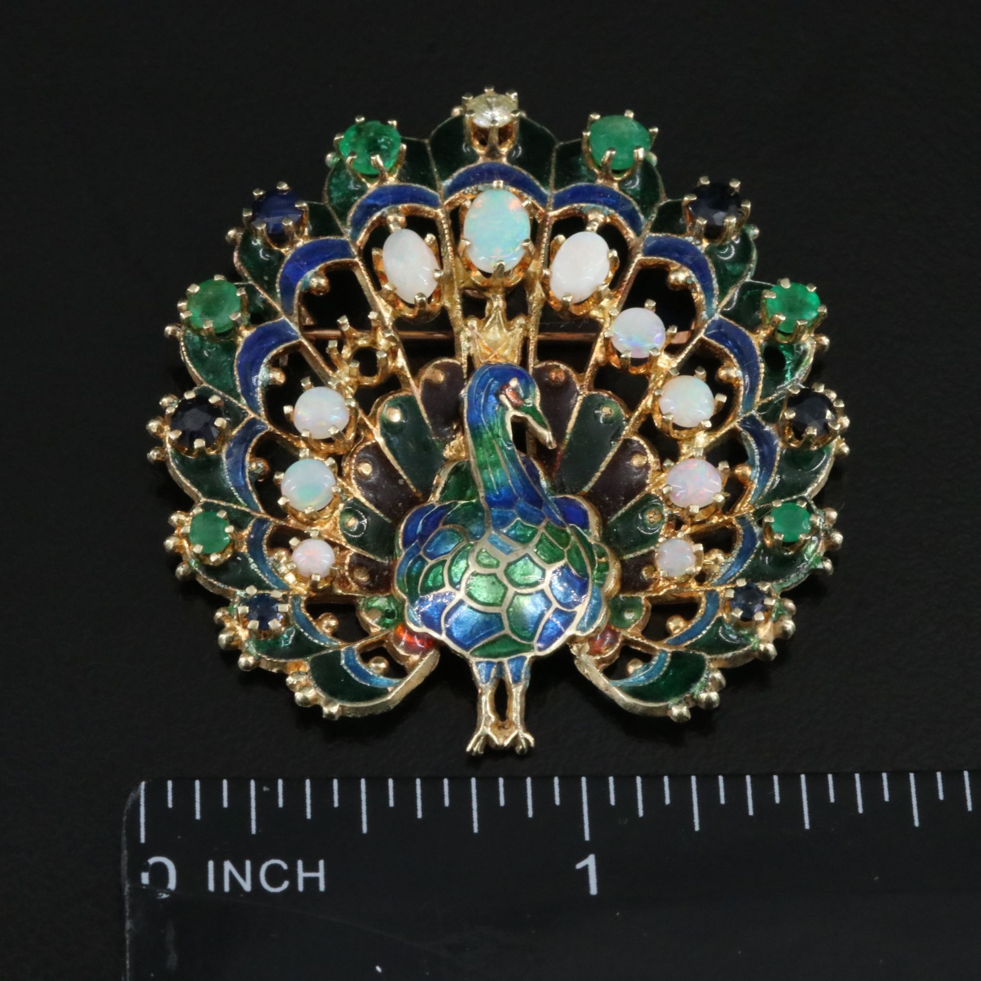 14K Plique-à-Jour Opal, Emerald, Sapphire and Diamond Peacock Converter Brooch