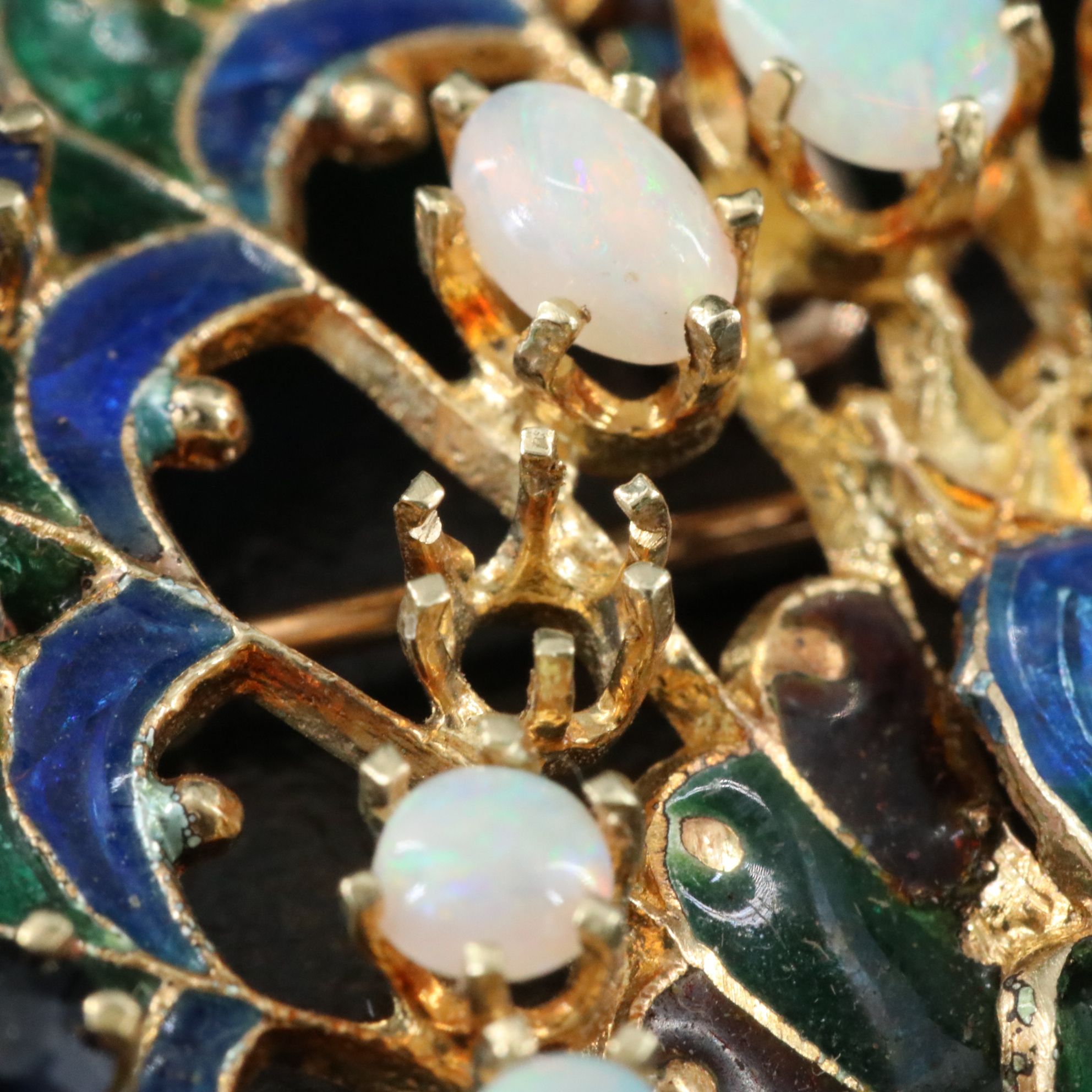 14K Plique-à-Jour Opal, Emerald, Sapphire and Diamond Peacock Converter Brooch