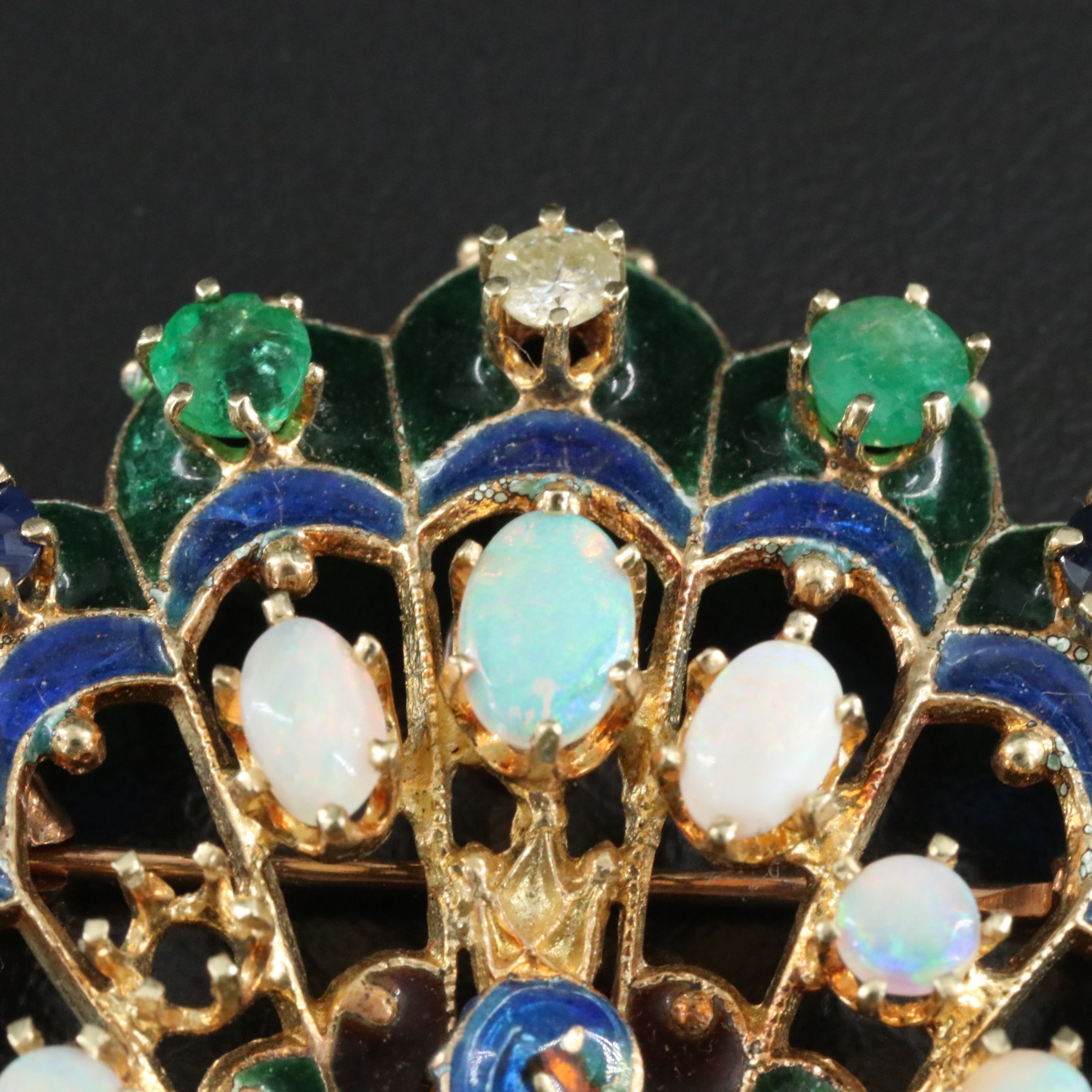 14K Plique-à-Jour Opal, Emerald, Sapphire and Diamond Peacock Converter Brooch