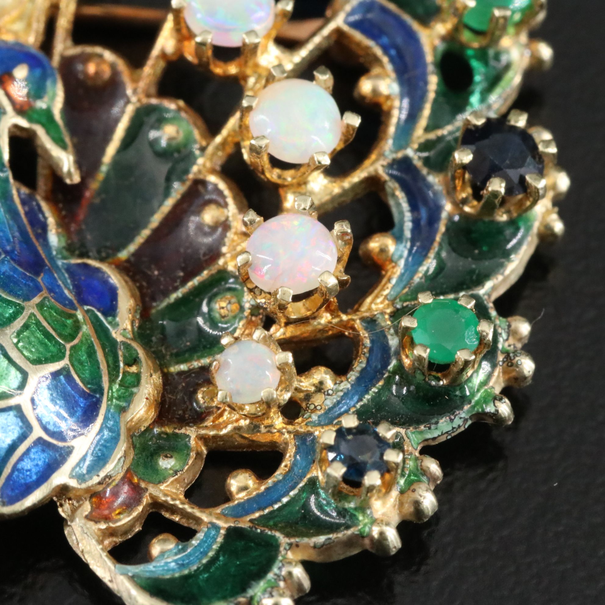 14K Plique-à-Jour Opal, Emerald, Sapphire and Diamond Peacock Converter Brooch
