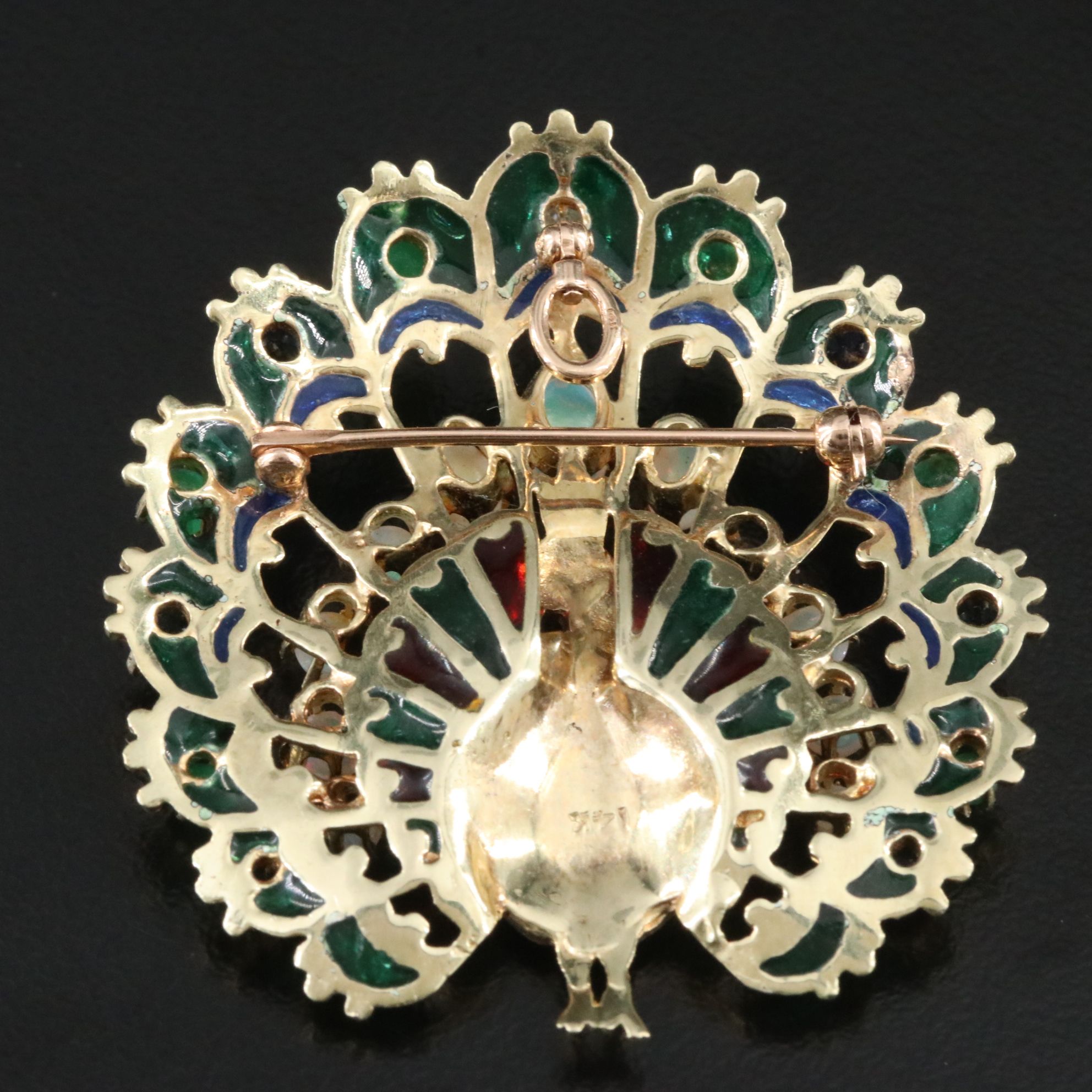 14K Plique-à-Jour Opal, Emerald, Sapphire and Diamond Peacock Converter Brooch