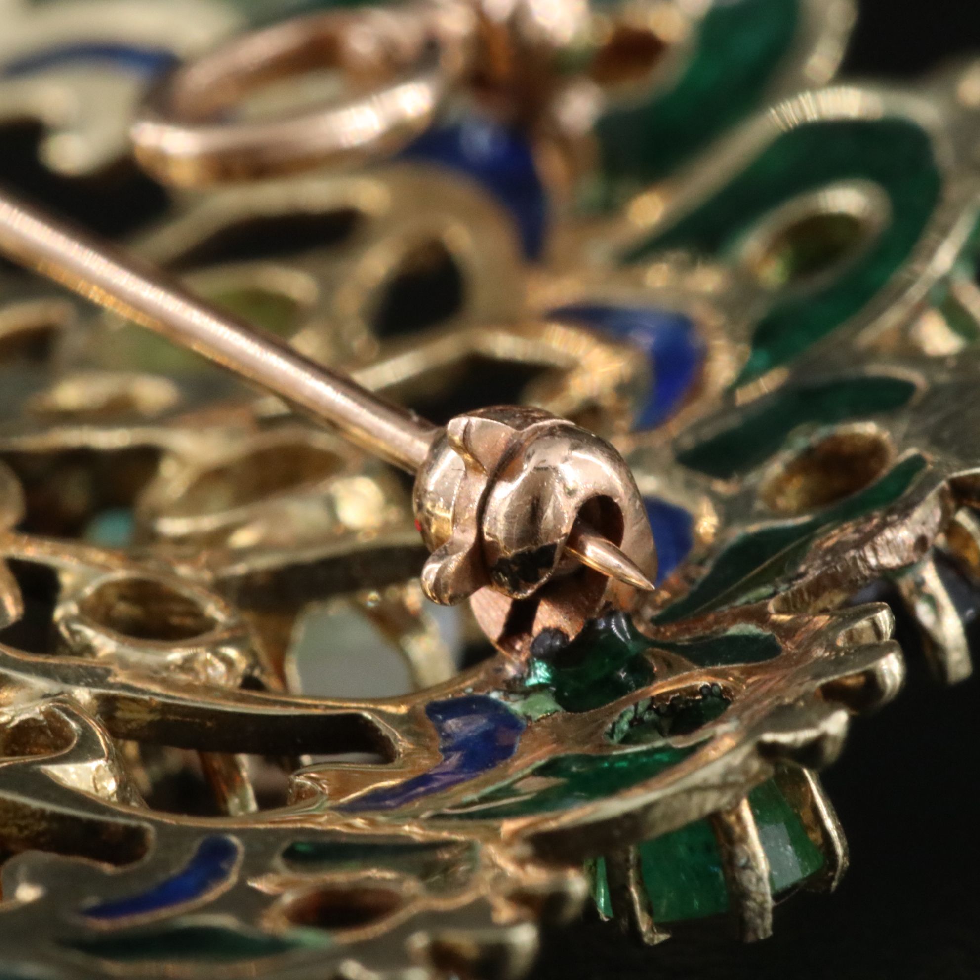14K Plique-à-Jour Opal, Emerald, Sapphire and Diamond Peacock Converter Brooch