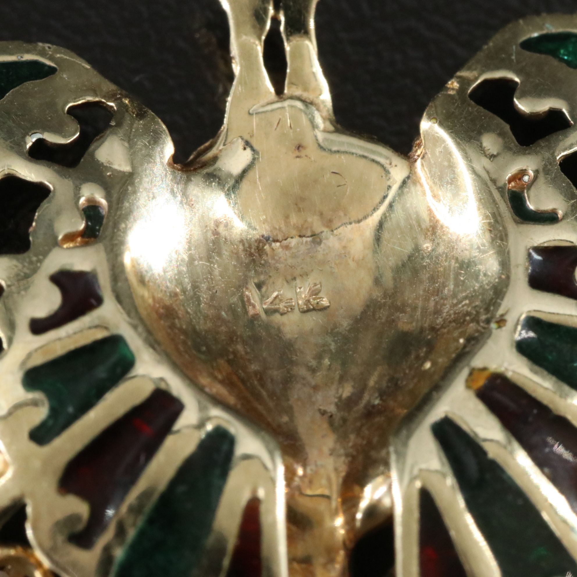 14K Plique-à-Jour Opal, Emerald, Sapphire and Diamond Peacock Converter Brooch