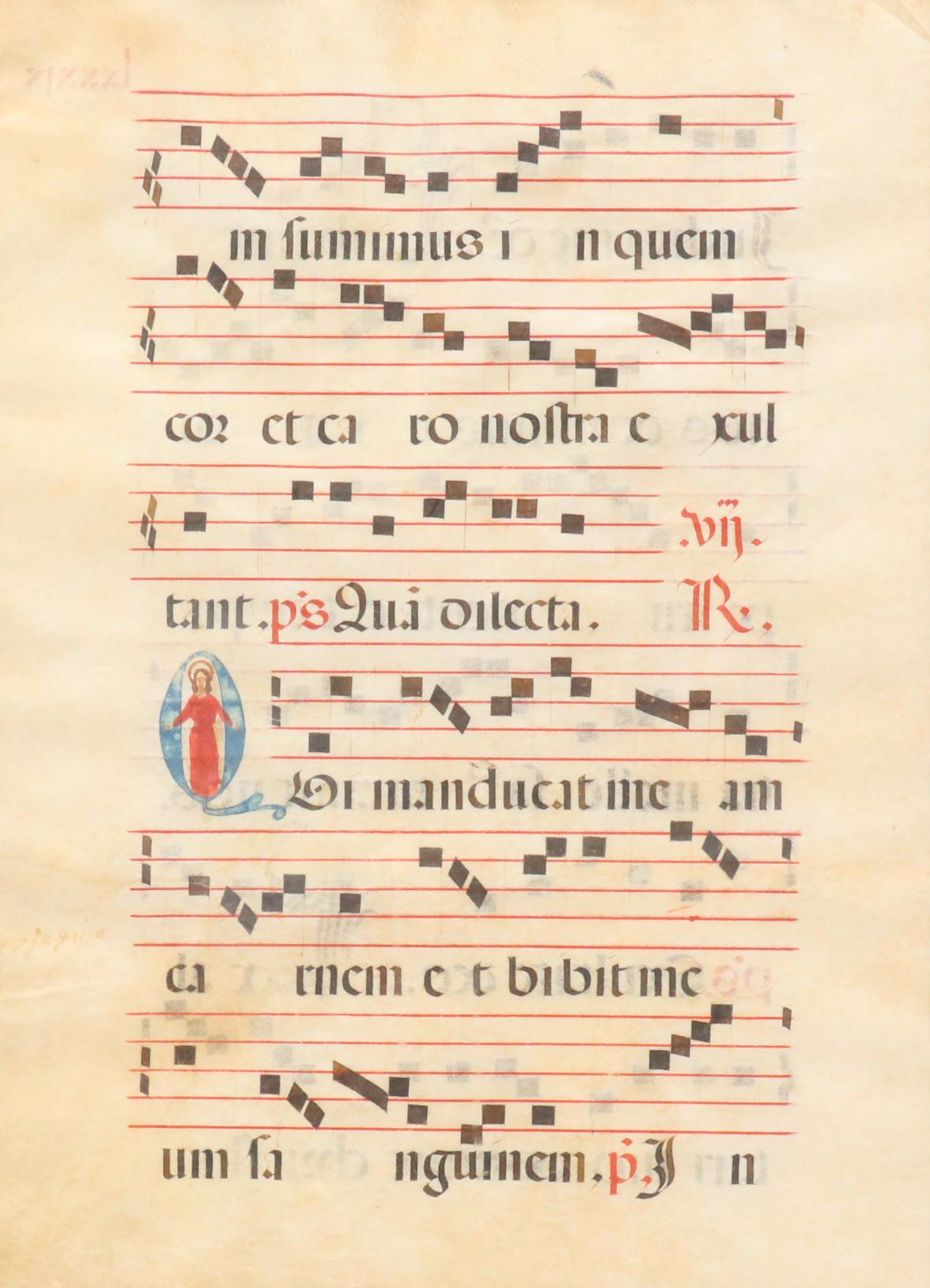 Illuminated Spanish Antiphonal Leaf on Vellum, Circa Mid-16th Century