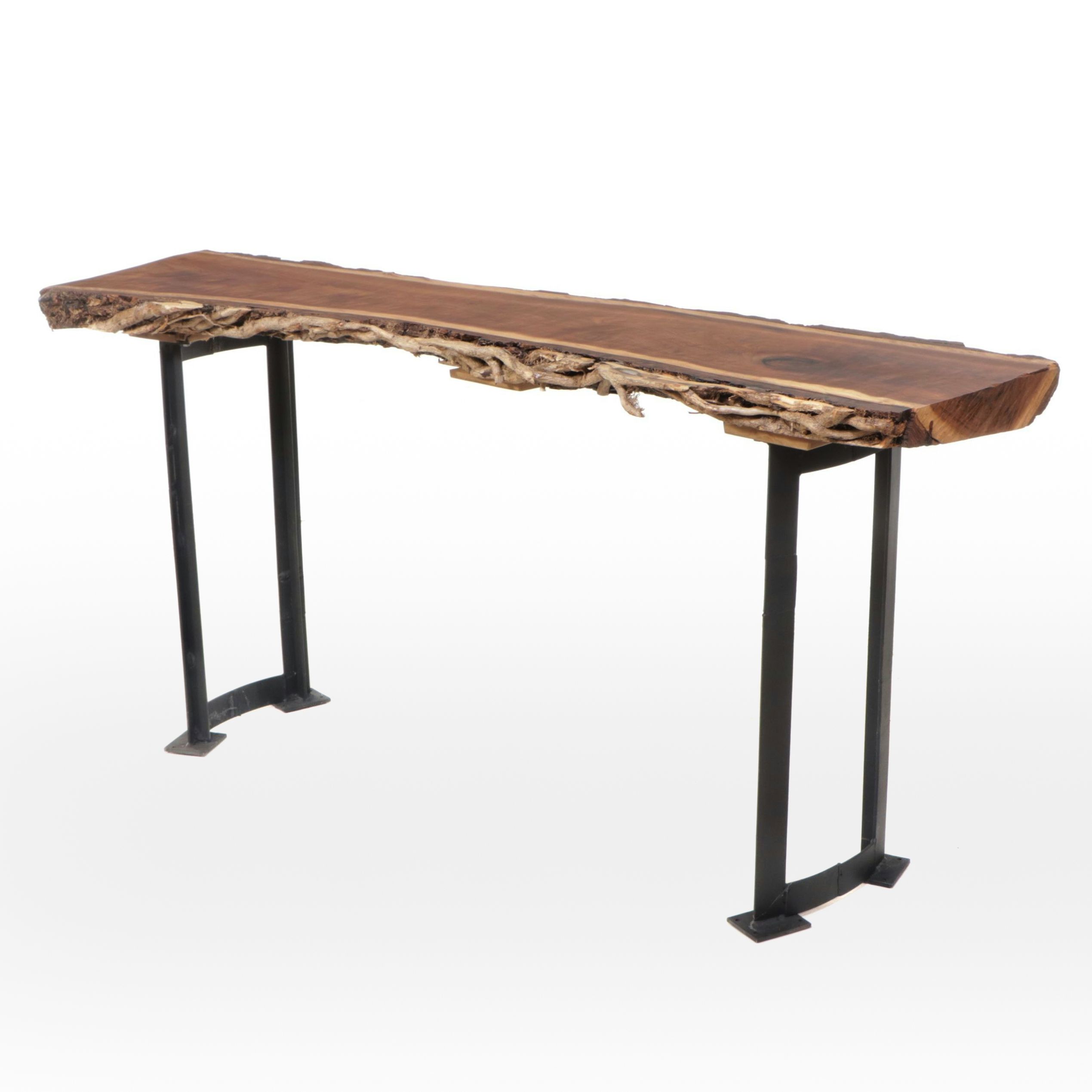 Industrial Style Live Edge Walnut Slab and Metal Console Table
