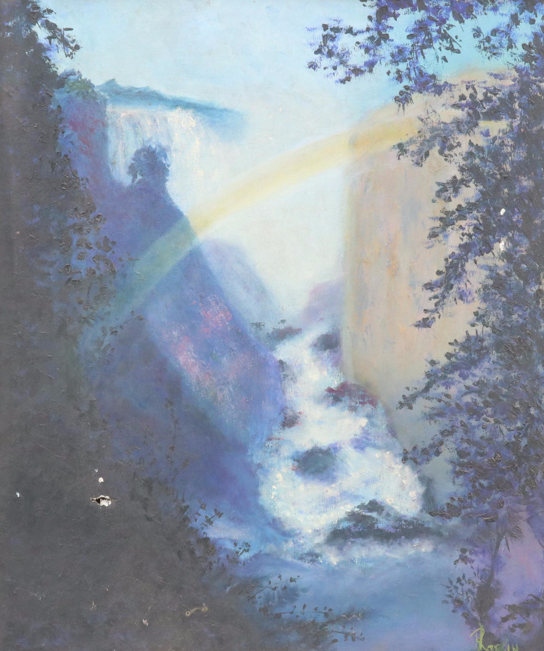 Forest Landscape Oil Painting of Waterfall with Rainbow, Late 20th Century