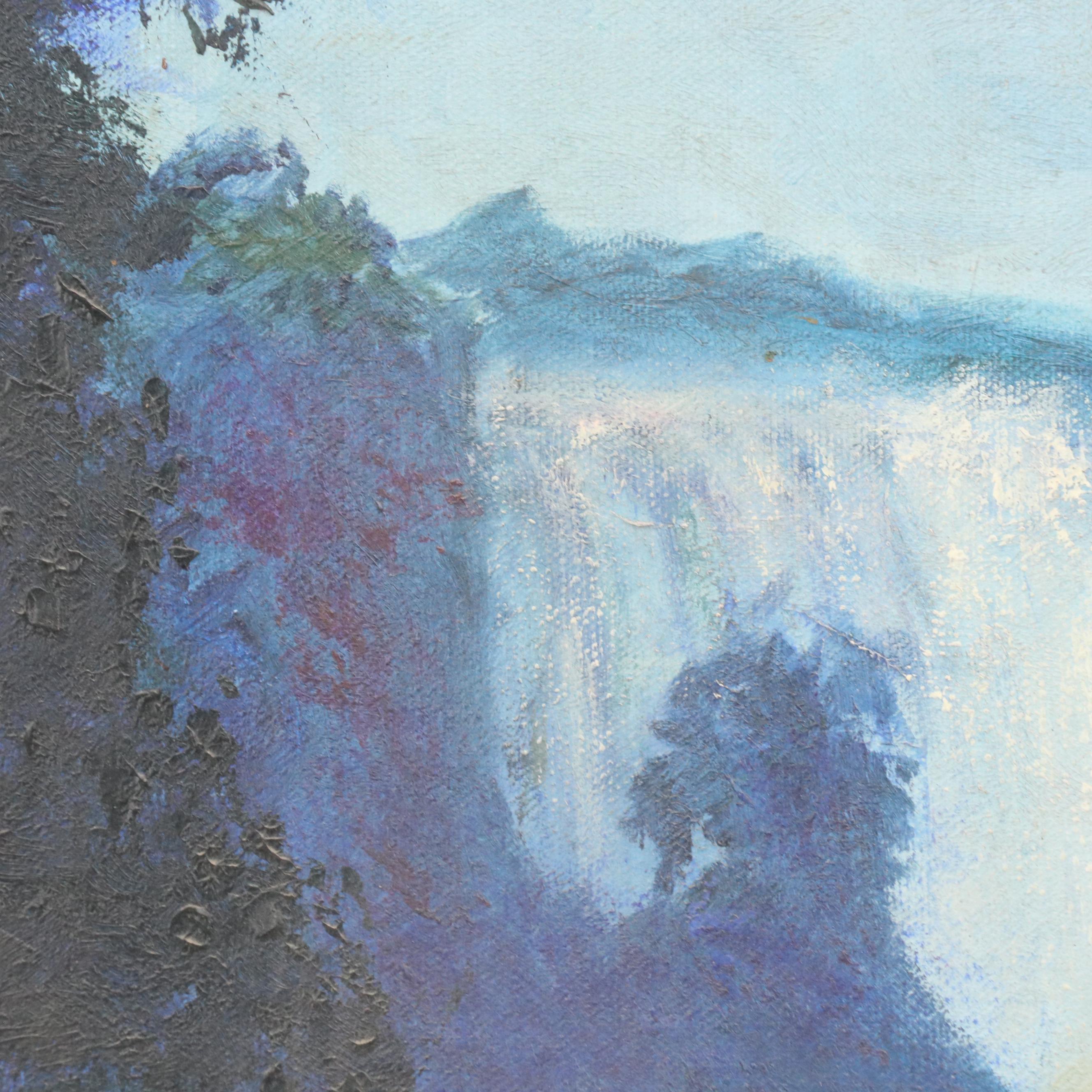 Forest Landscape Oil Painting of Waterfall with Rainbow, Late 20th Century