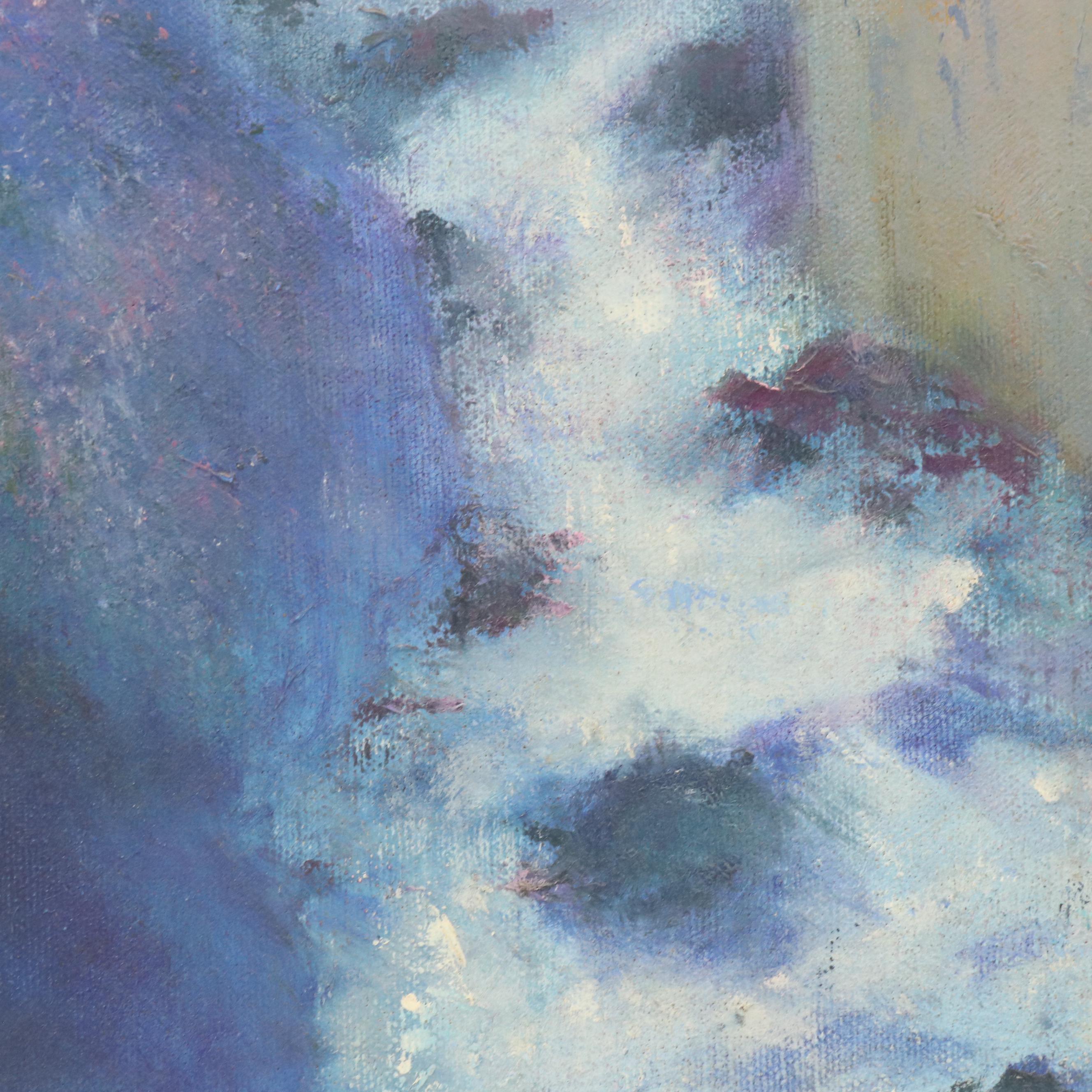 Forest Landscape Oil Painting of Waterfall with Rainbow, Late 20th Century