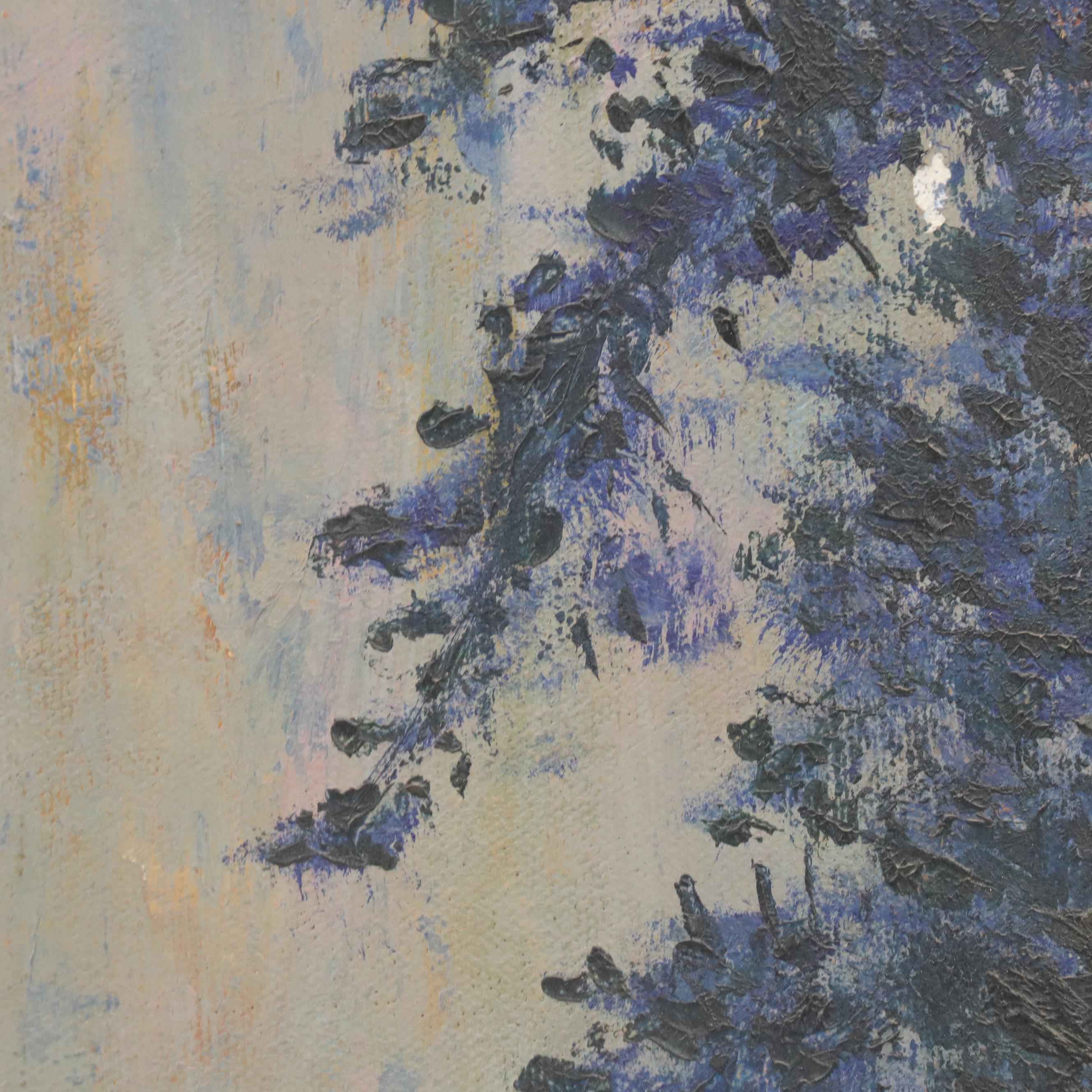 Forest Landscape Oil Painting of Waterfall with Rainbow, Late 20th Century