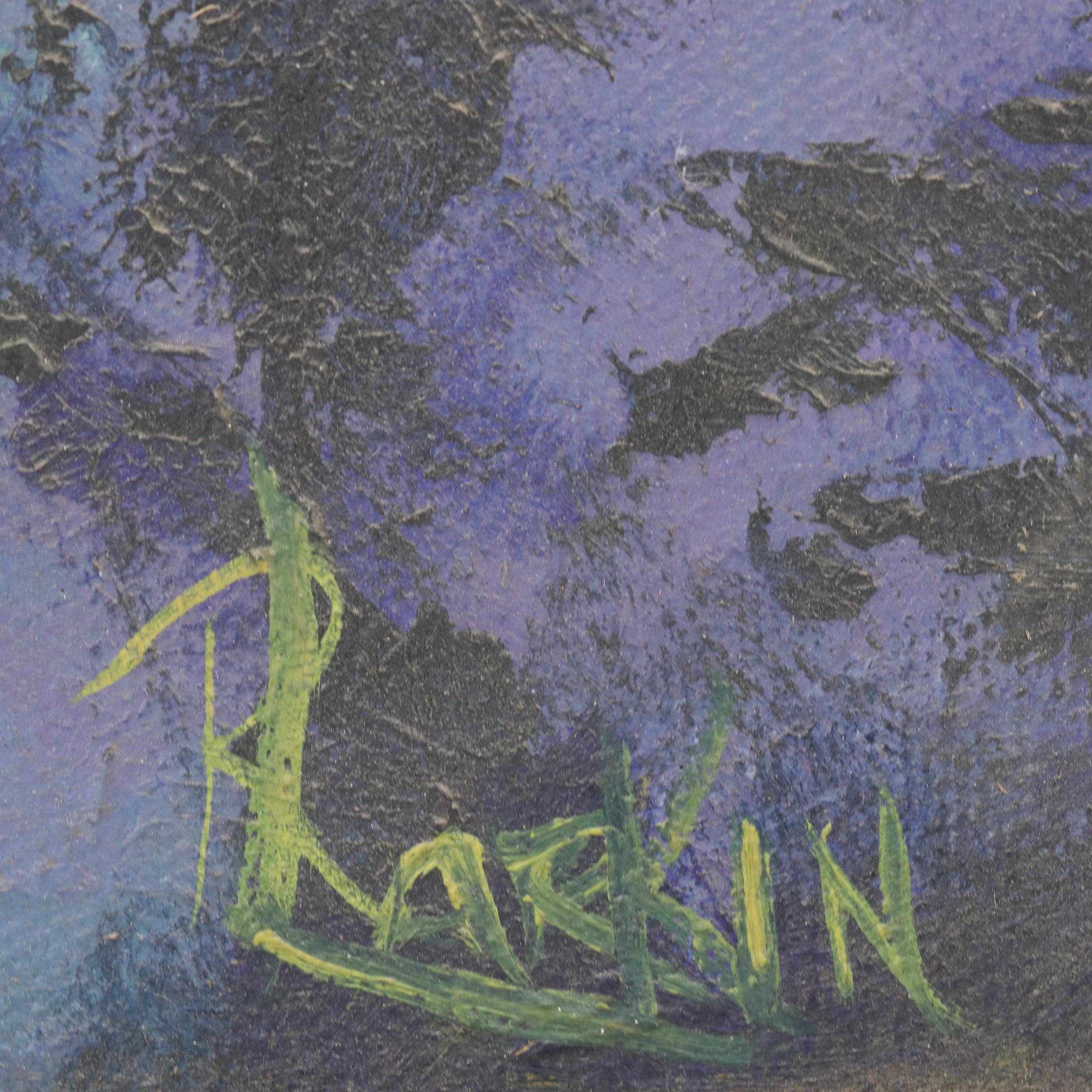 Forest Landscape Oil Painting of Waterfall with Rainbow, Late 20th Century