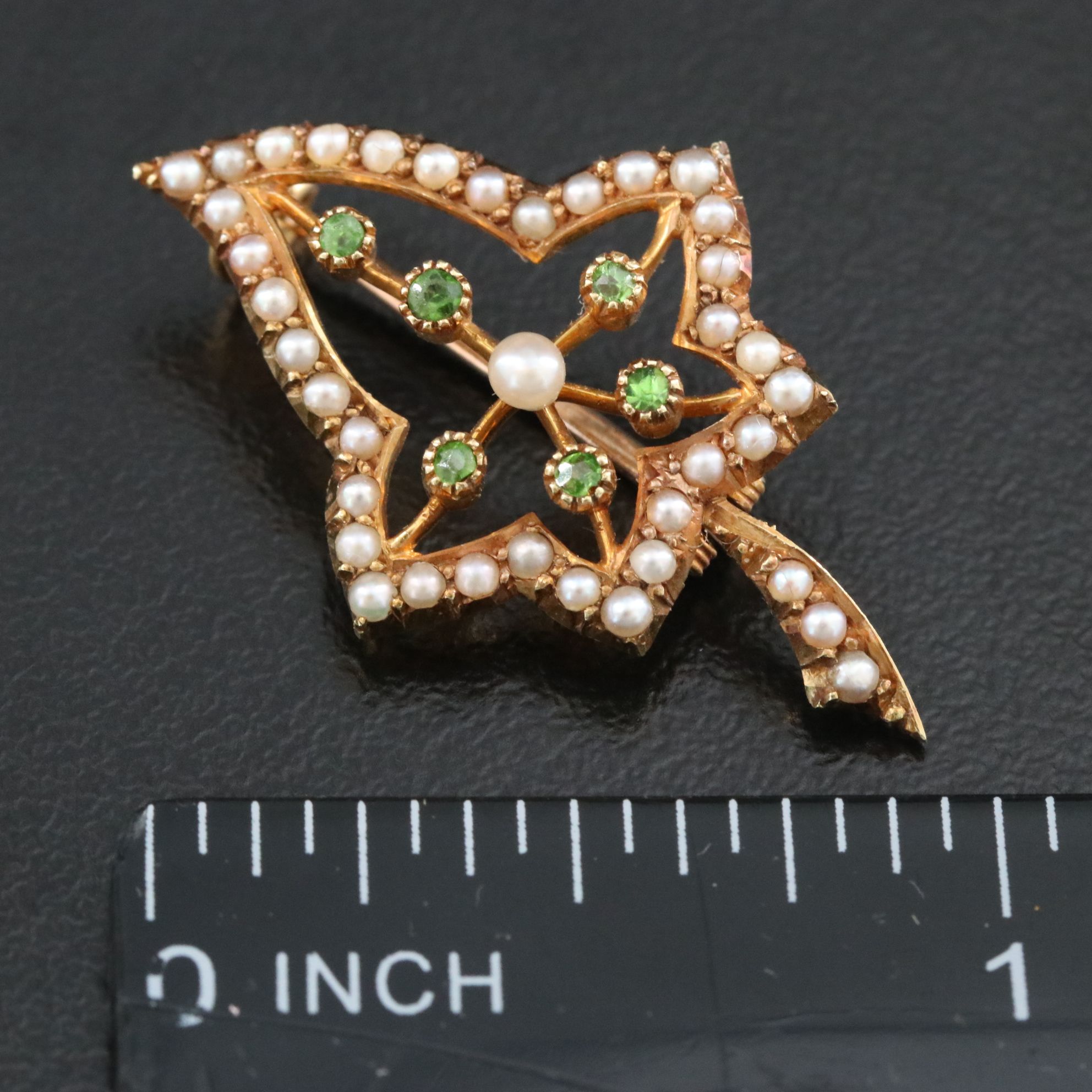 Victorian 15K Pearl and Tsavorite Ivy Leaf Brooch