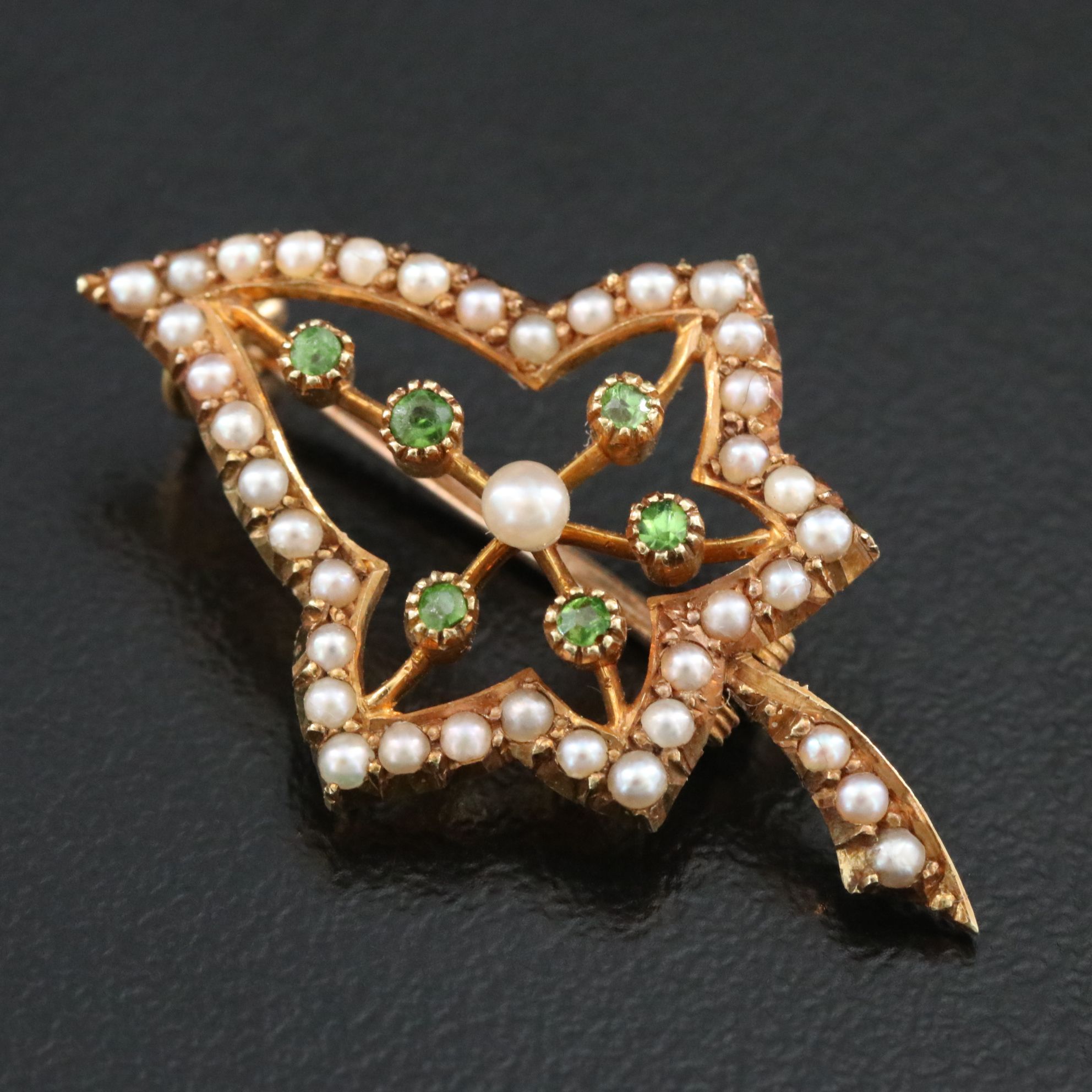 Victorian 15K Pearl and Tsavorite Ivy Leaf Brooch