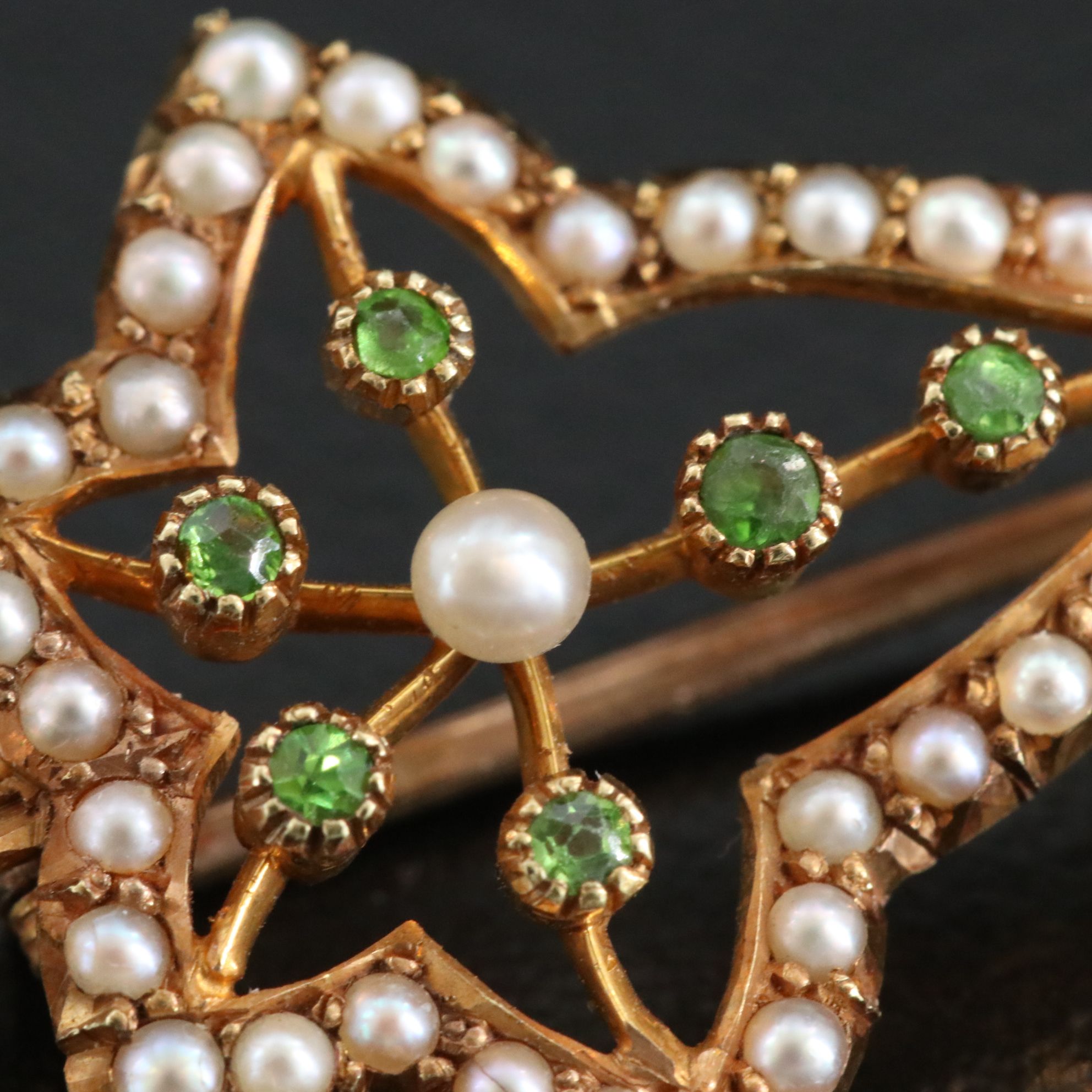 Victorian 15K Pearl and Tsavorite Ivy Leaf Brooch